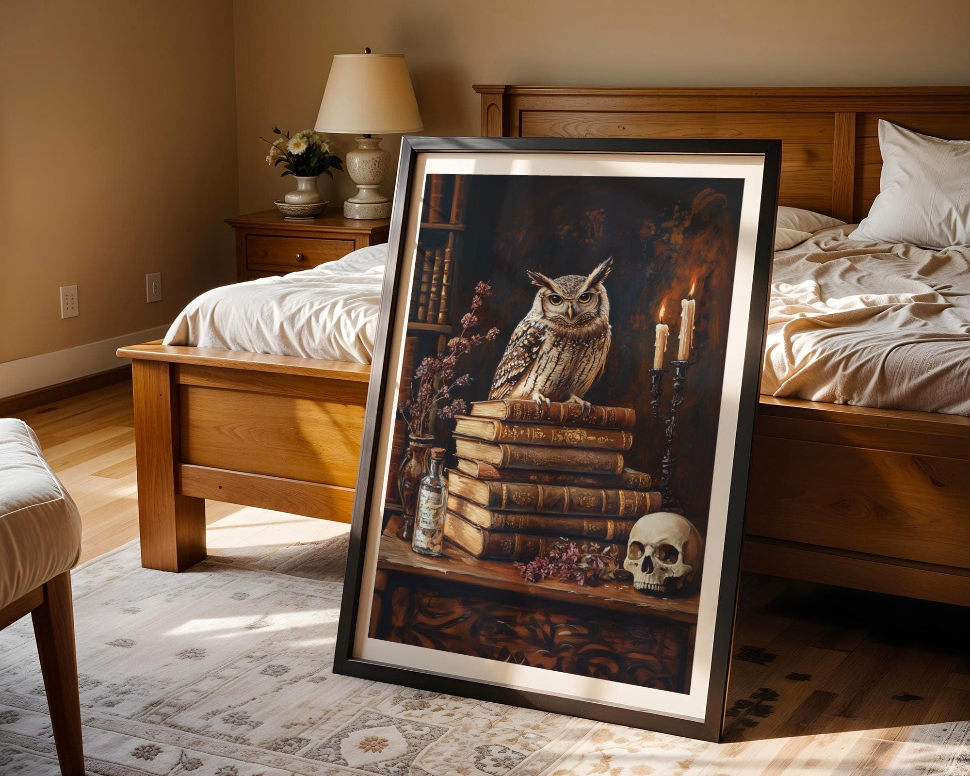 Gothic Owl and Skull Wall Art, Antique Owl Candlelit Art, Dark Academia Candlelit Library Painting, Vintage Book Stack Print, Gothic Art - view 4