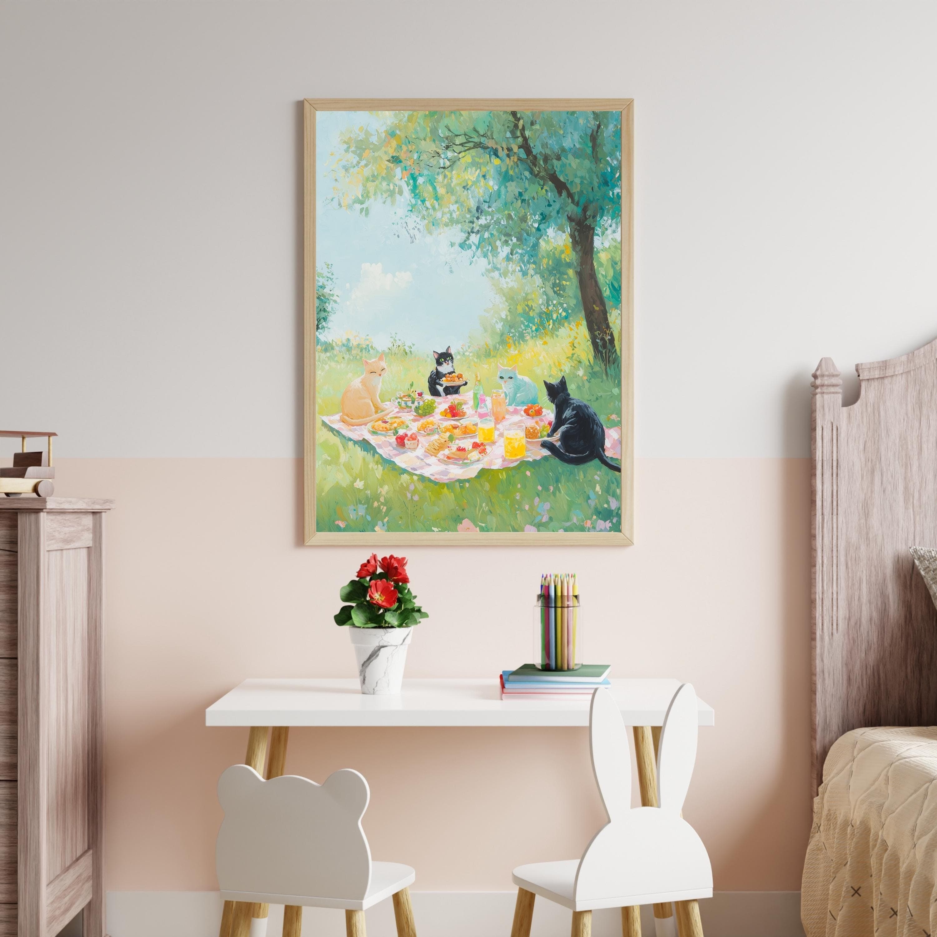 Pastel Cat Picnic Digital Art, Maximalist Dopamine Decor, Colorful Cat Poster, Kitsch Aesthetic Wall Art, Trendy Art, Apartment Decor - view 4