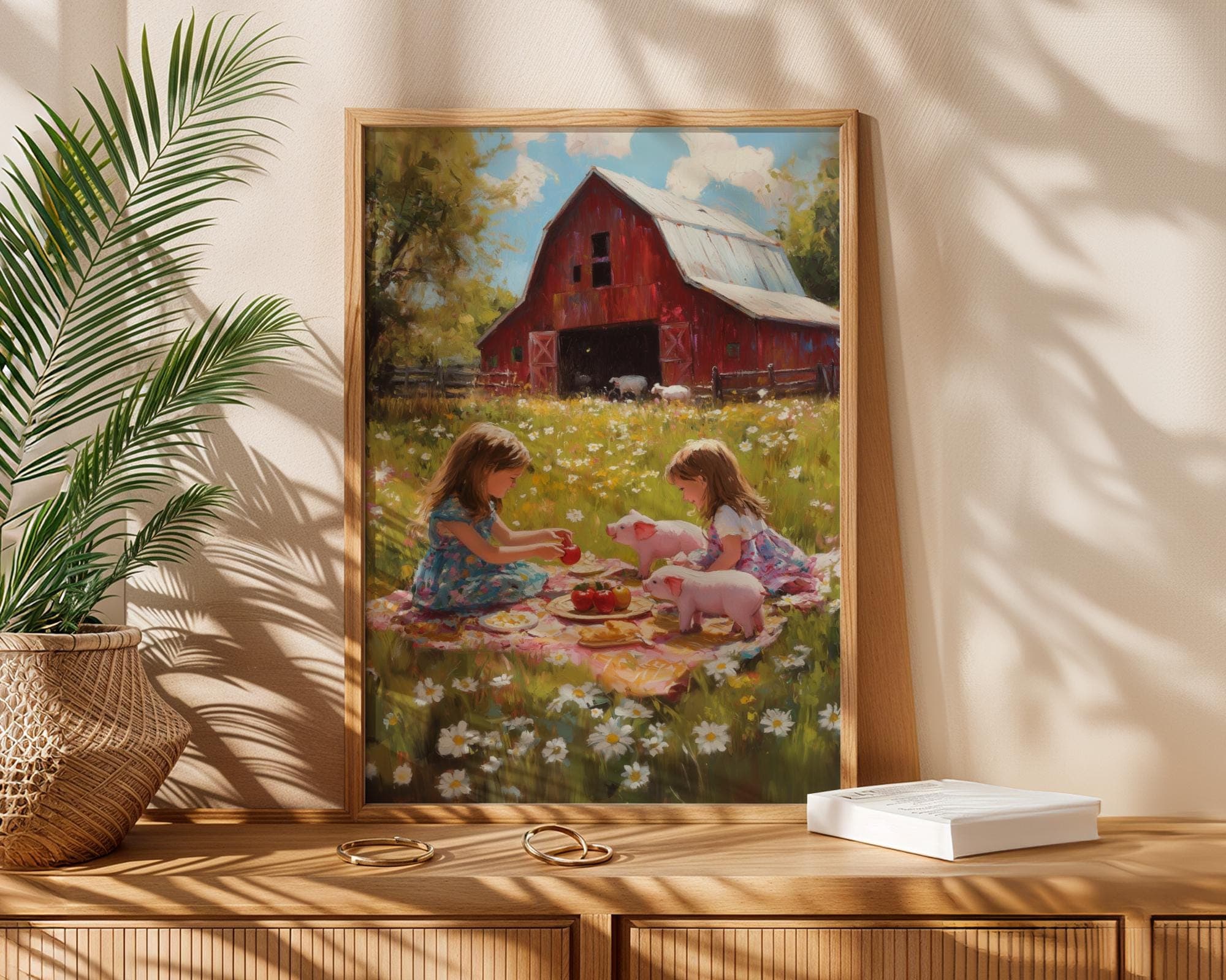 Farm Picnic Art Print, Vintage Farmhouse Nursery Print, Rural Pastoral Art, Whimsical Pastoral Kids Farm Print, Farm Girl Print, Printable - view 2