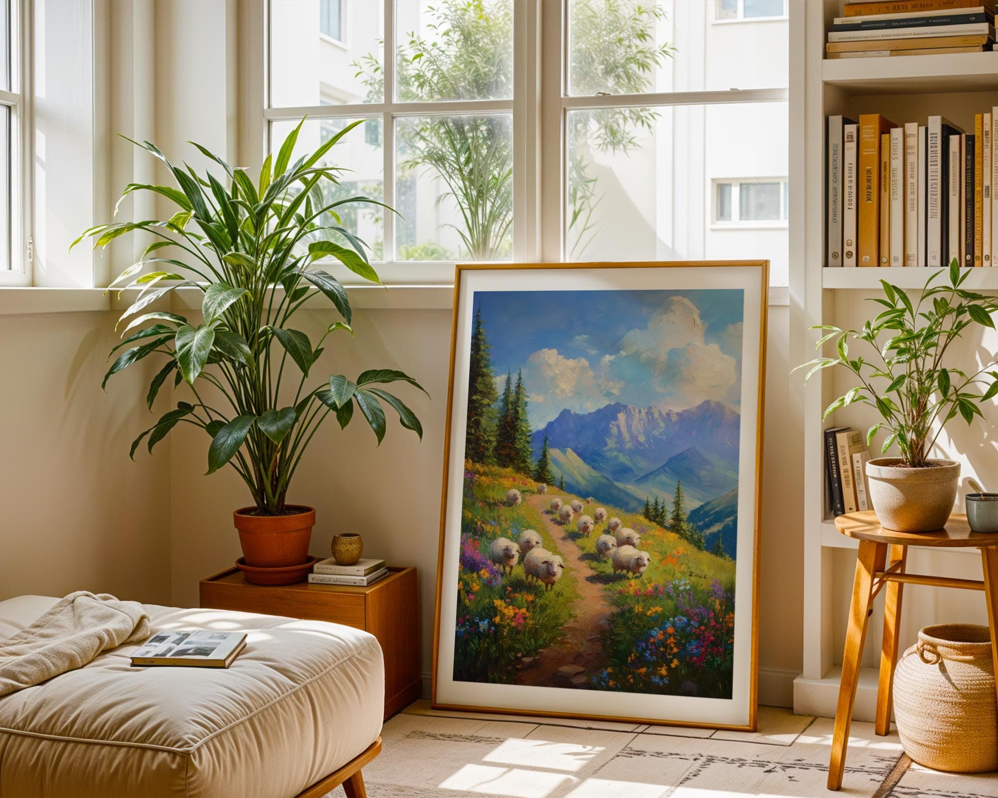 Pastoral Mountain Path Art, Wildflower Meadow Landscape Wall Decor, Nature Lover Wall Decor, Peaceful Nature Wall Print, Sheep Painting - view 5