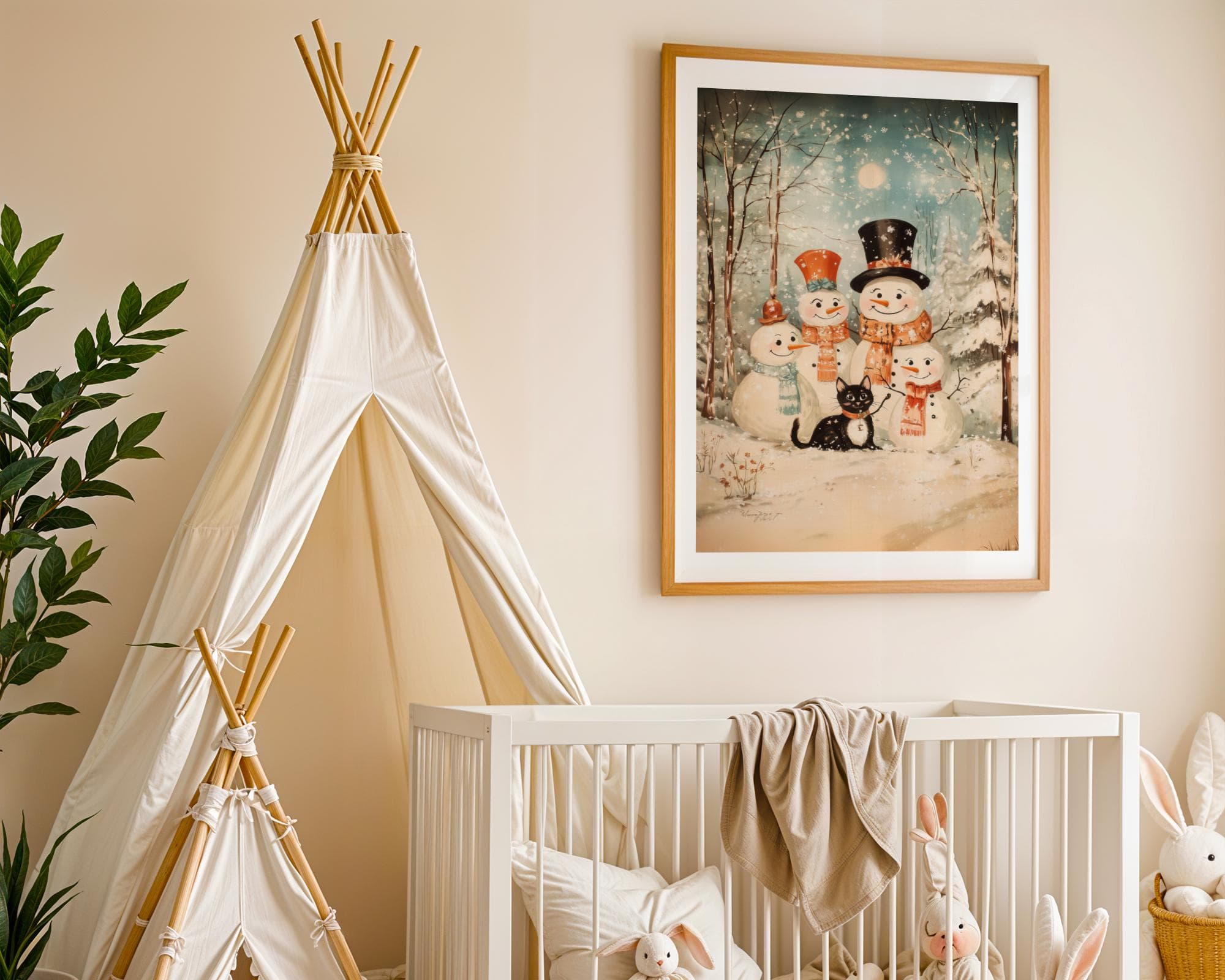 Vintage Snowman Family with Black Cat Painting | Printable Wall Art | Christmas | Antique Christmas Wall Art, Christmas Kids Room Wall Art - view 3