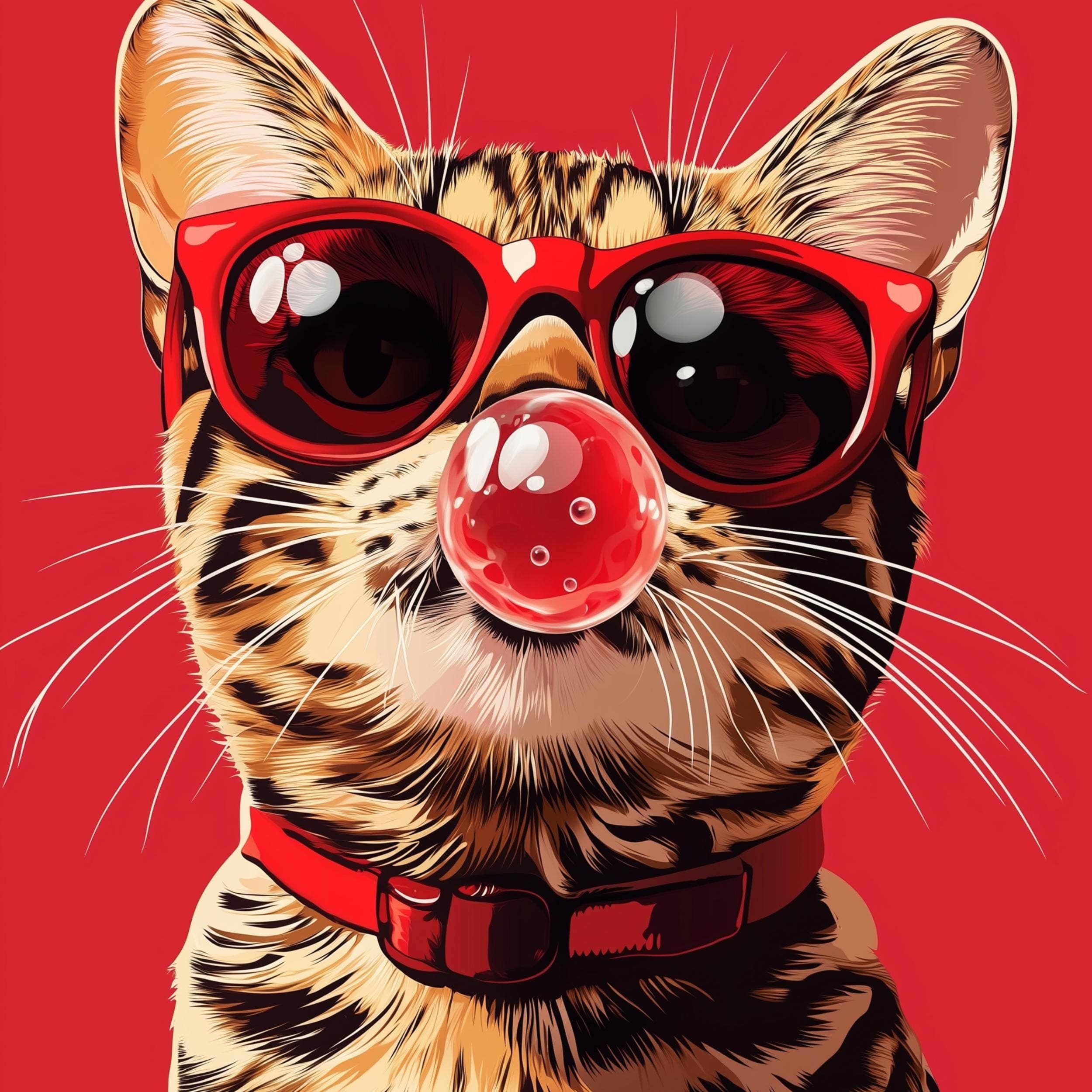 Pop Art Cat with Bubblegum Print, Cool Cat Digital Download, Quirky Red Background Digital Illustration, Trendy Bubblegum Cat Digital Art - view 2