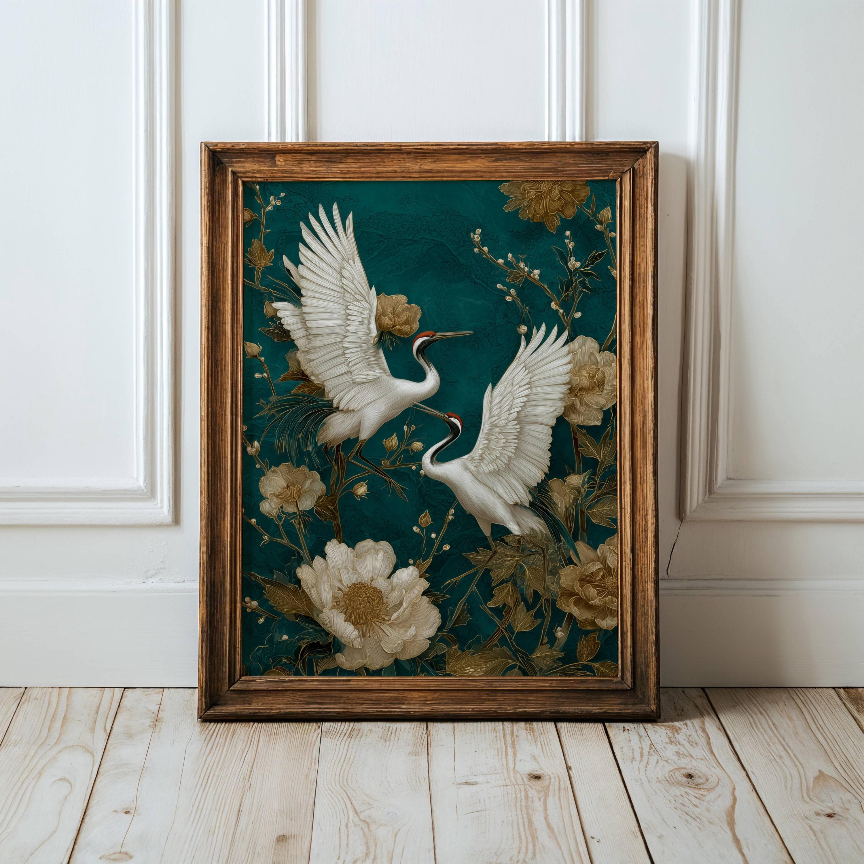 Crane Wall Art Teal Gold Oriental Decor, Japanese Crane Wall Art Print, Gold Asian Bird Painting, Teal Oriental Floral Decor, Japandi Decor