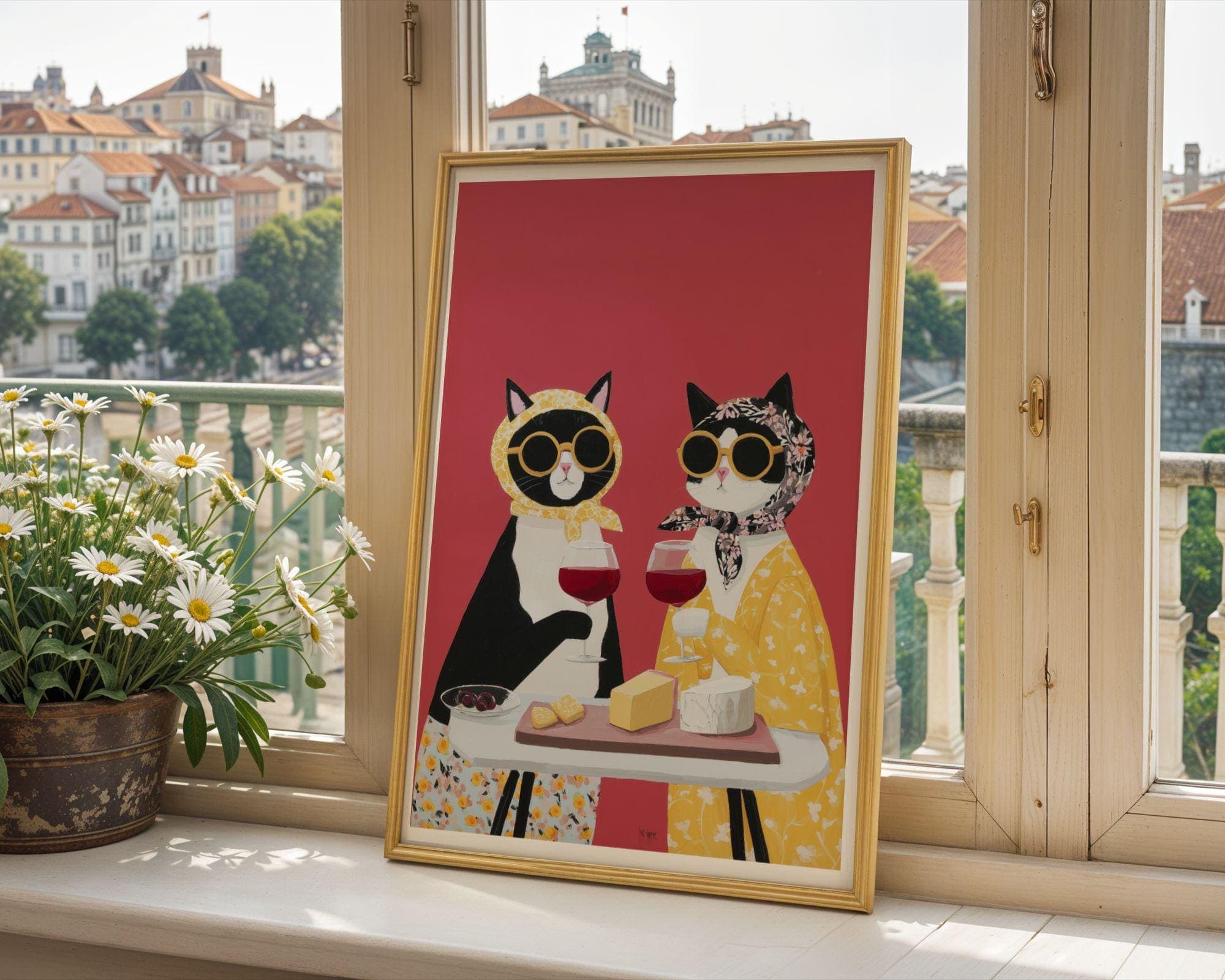 Funny Cat Couple Wine Wall Art, Quirky Cats Kitchen Decor, Pop Art Cat Couple Print - view 8