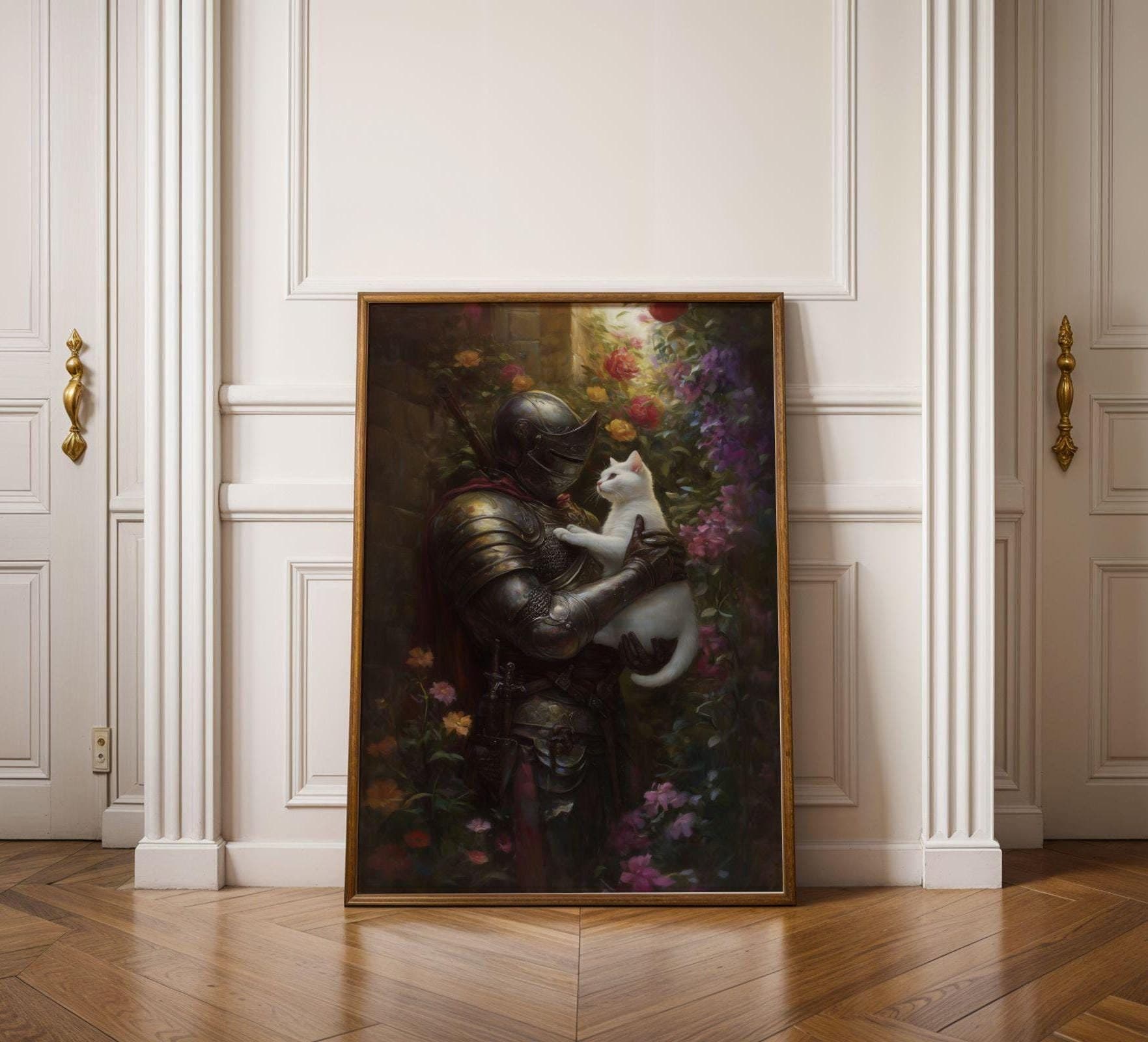 Medieval Knight and White Cat Painting, Medieval Fantasy Painting, Fantasy Art, Whimsical Cat Decor, Digital, Maximalist, Floral Art Decor