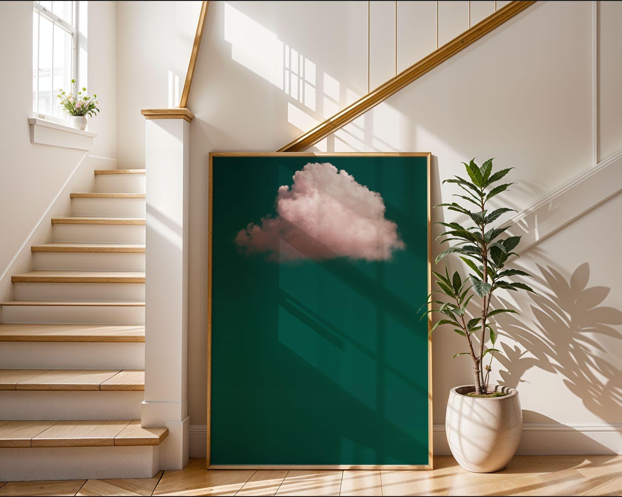 Emerald Green Pink Cloud Print, Emerald Green Wall Art, Minimalist Wall Art, Maximalist Decor, Dark Green Wall Art, Pink Cloud Wall Art - view 5