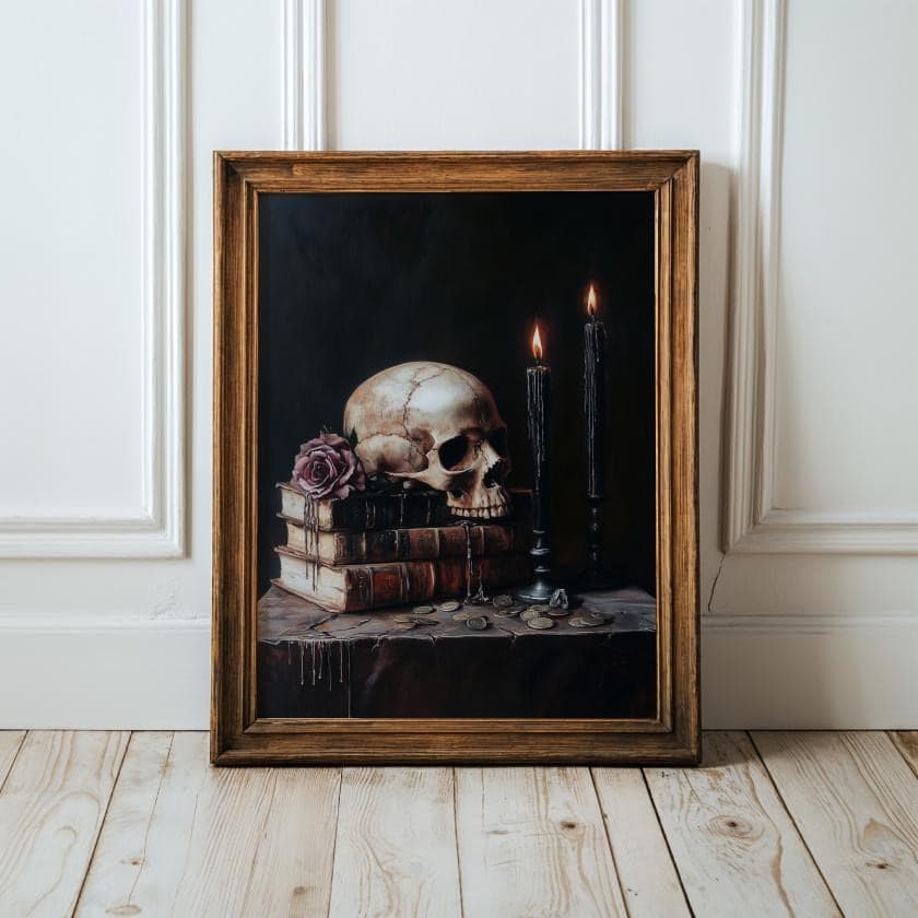 Dark Academia Skull Print, Witchcore Rose Painting (Digital Download)