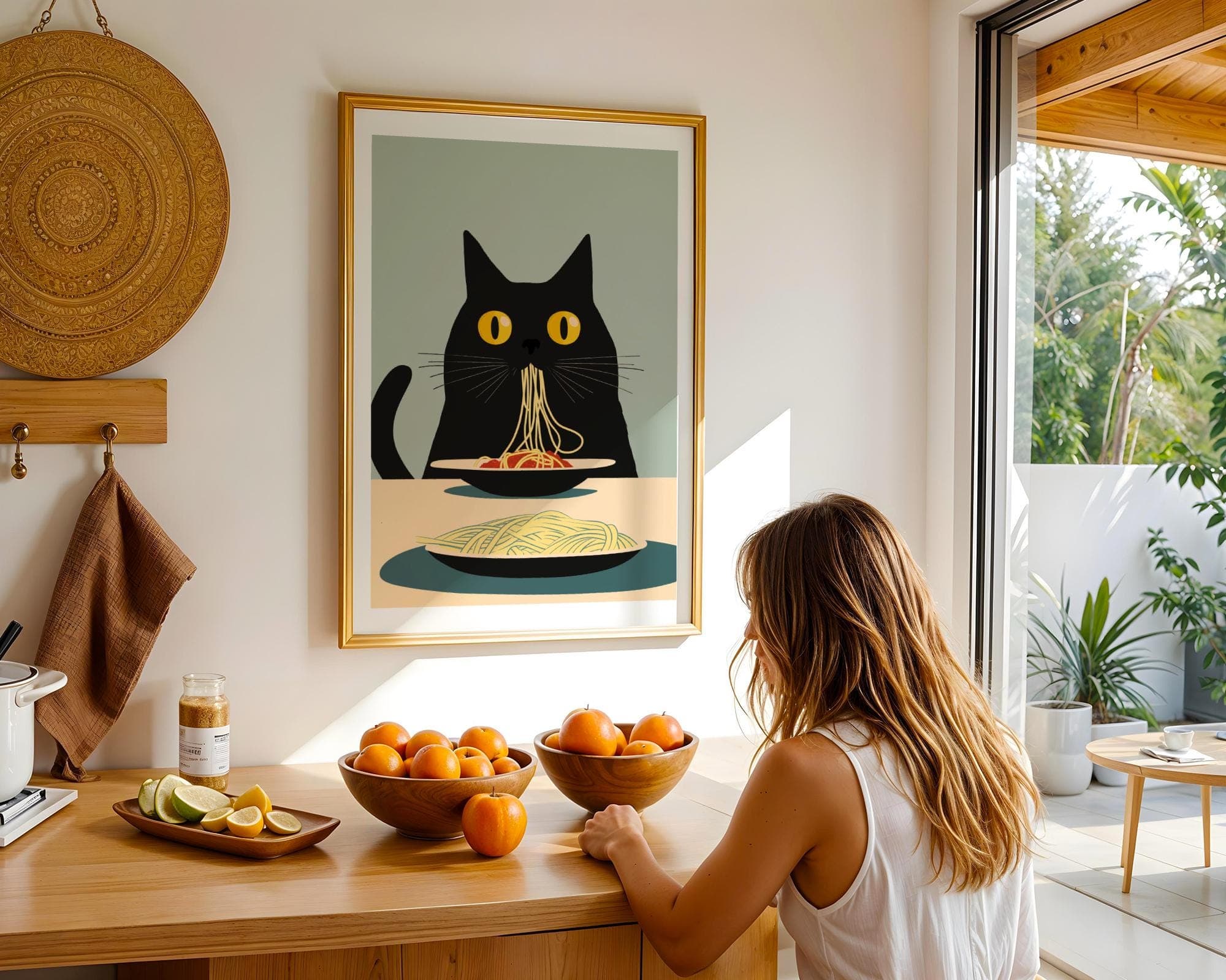 Black Cat Spaghetti Art Print, Whimsical Cat Kitchen Decor, Black Cat Pasta Print, Cat Kitchen Print, Digital Download, Digital Animal Art - view 5