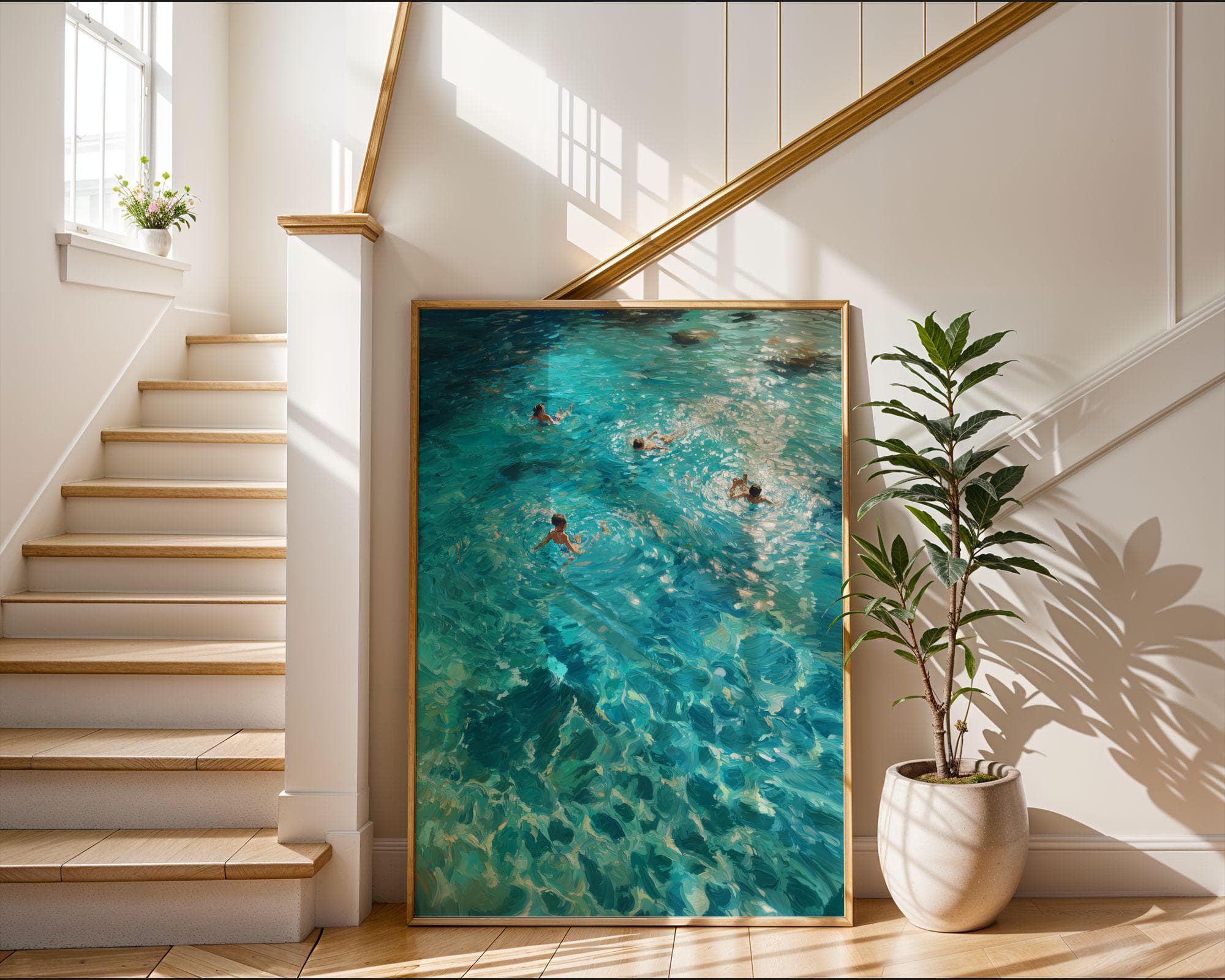 Coastal Wall Art, Turquoise Ocean Swimming Painting, Beach House Wall Decor, Turquoise Sea Wall Art, Seaside Wall Art, Ocean Swim Wall Art - view 4