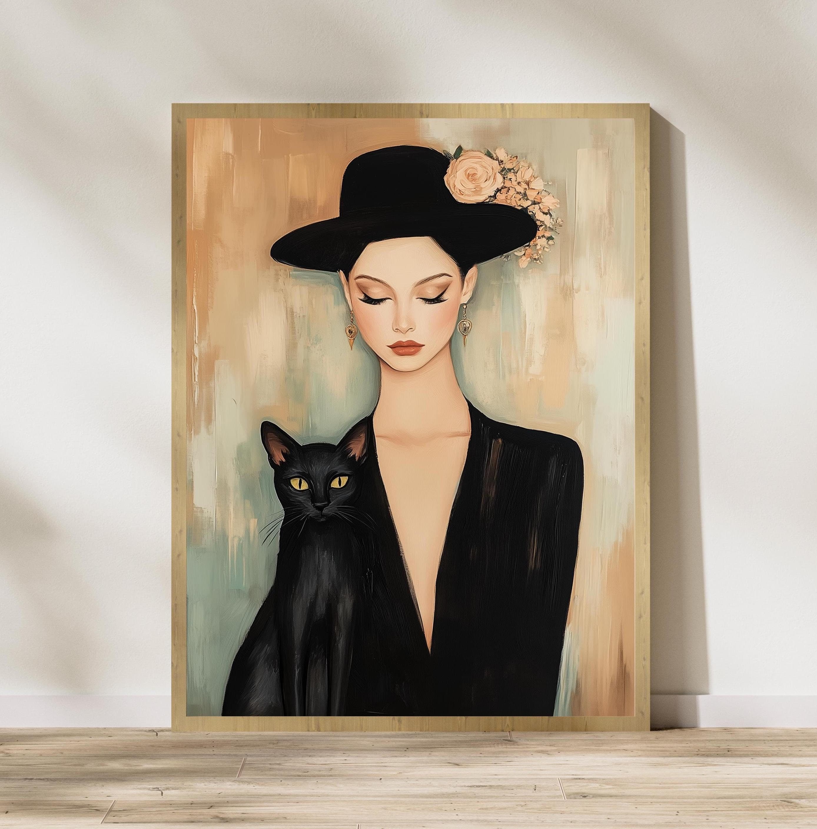Black Cat and Lady Portrait - Modern Vintage Aesthetic Digital Art, Classy Lady with Black Cat Poster, Vintage Woman Art, Black Cat Portrait