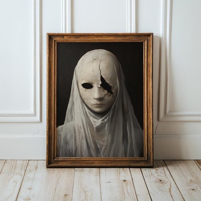 Haunting Veiled Mask Art, Surreal Masked Woman Wall Art, Surreal Gothic Wall Decor, Haunted Portrait Wall Print, Dark Academia Decor
