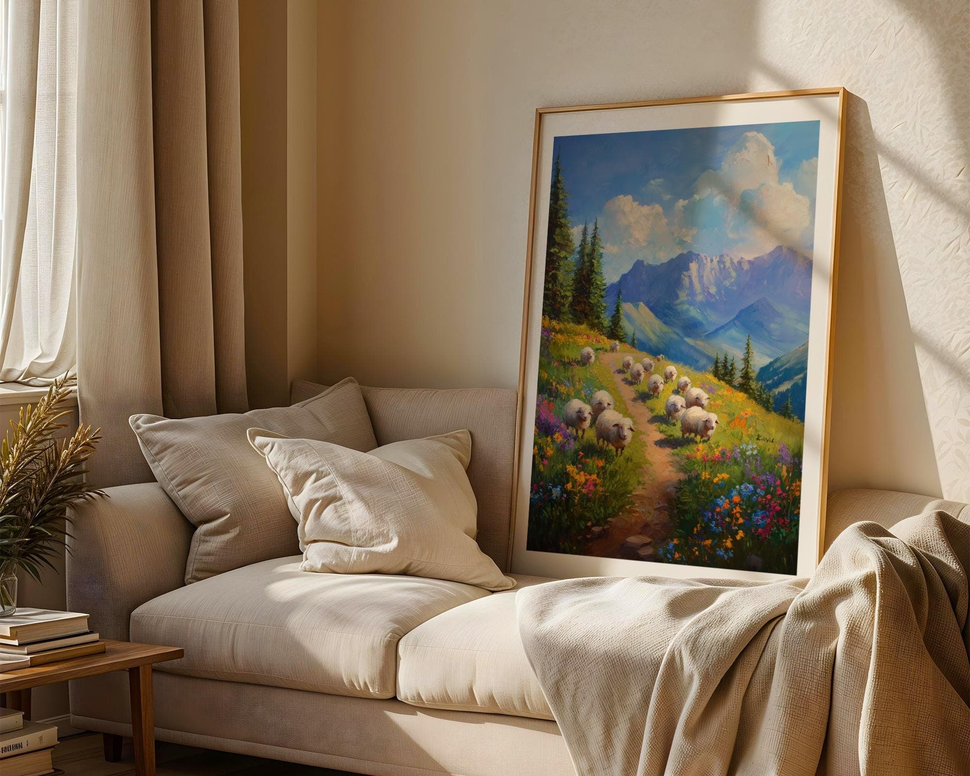 Pastoral Mountain Path Art, Wildflower Meadow Landscape Wall Decor, Nature Lover Wall Decor, Peaceful Nature Wall Print, Sheep Painting - view 4