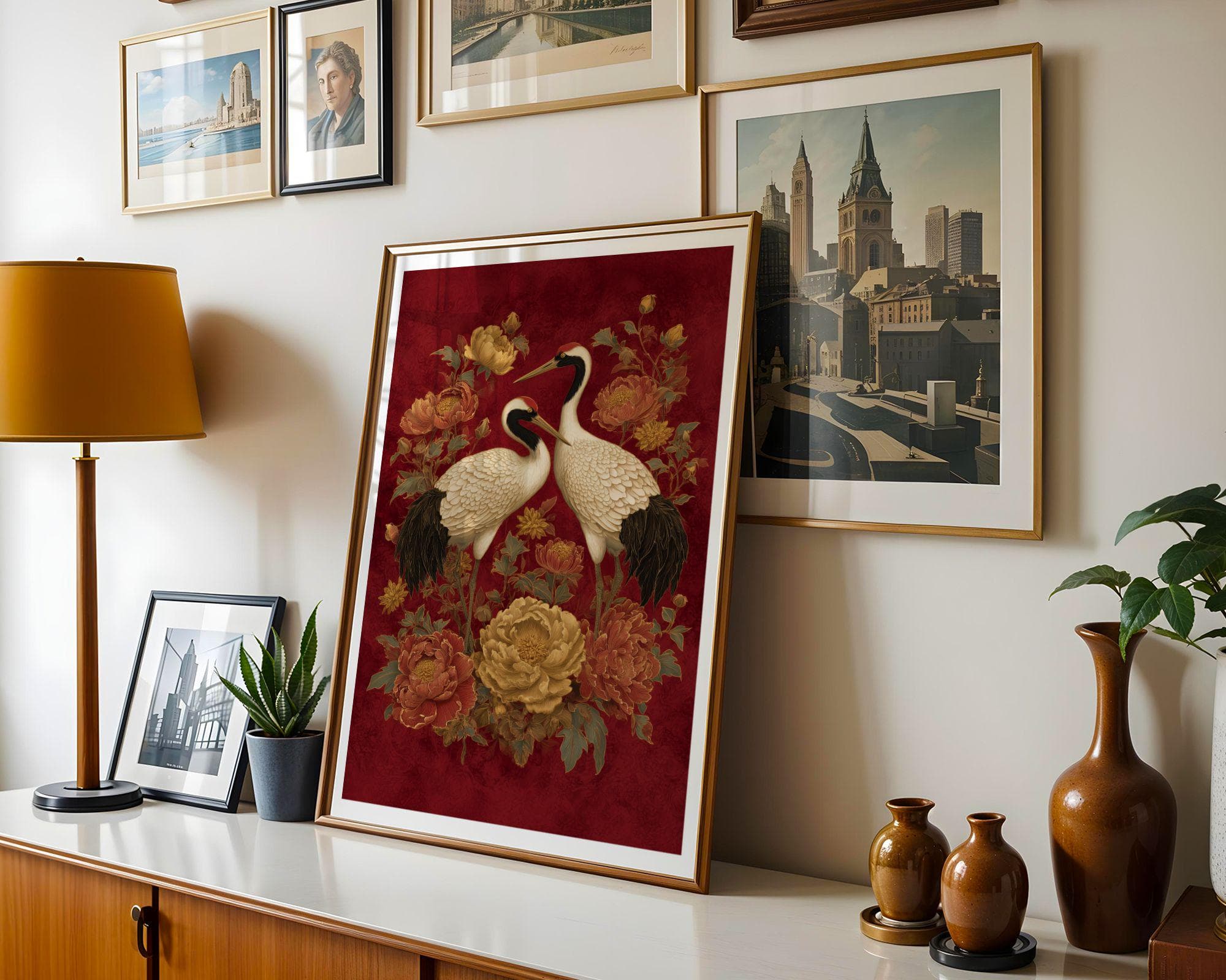 Crane Wall Art Red Gold Oriental Painting, Japanese Crane Wall Art, Red Gold Asian Bird Painting, Peony Flower Art, Oriental Decor, Japandi - view 5