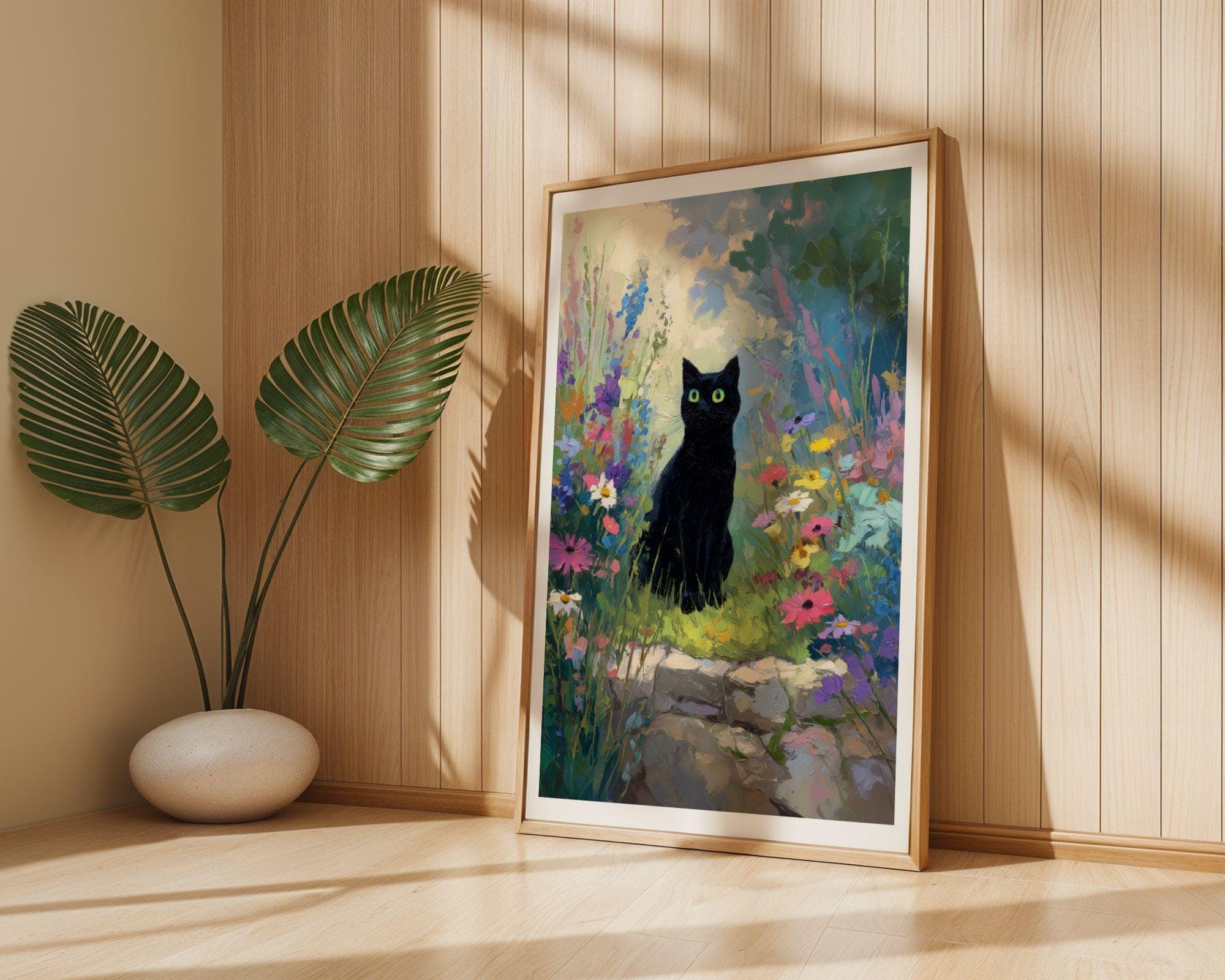 Black Cat in Wildflower Garden Wall Art, Whimsical Black Cat Poster, OilPaint Print, Colorful Floral Decor, Black Cat Aesthetic,Charming Cat - view 5