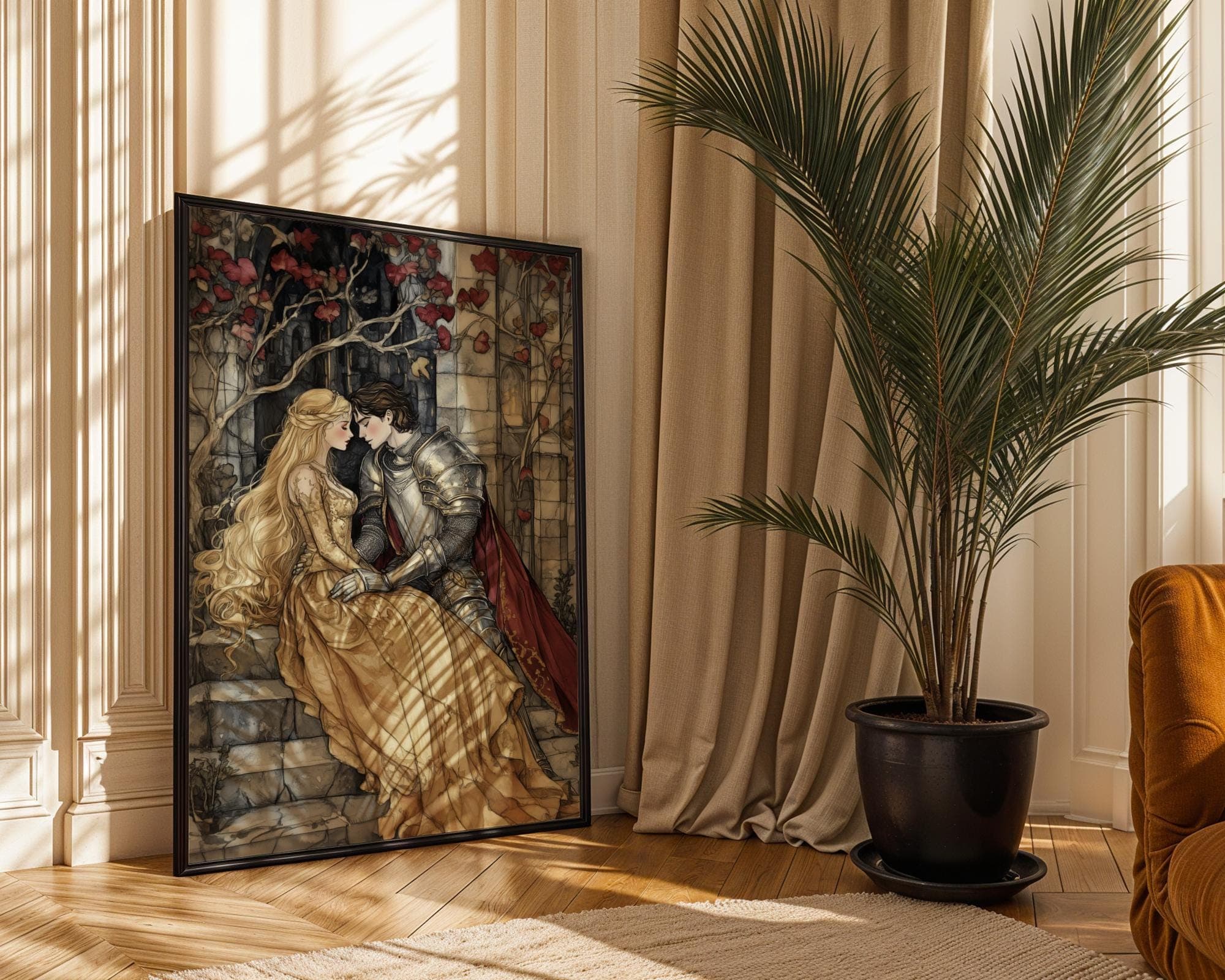 Medieval Knight Art Print, Medieval Princess Art Print, Romantic Fairytale Digital Print, Medieval Love Print, Medieval Lovers Digital Art - view 3