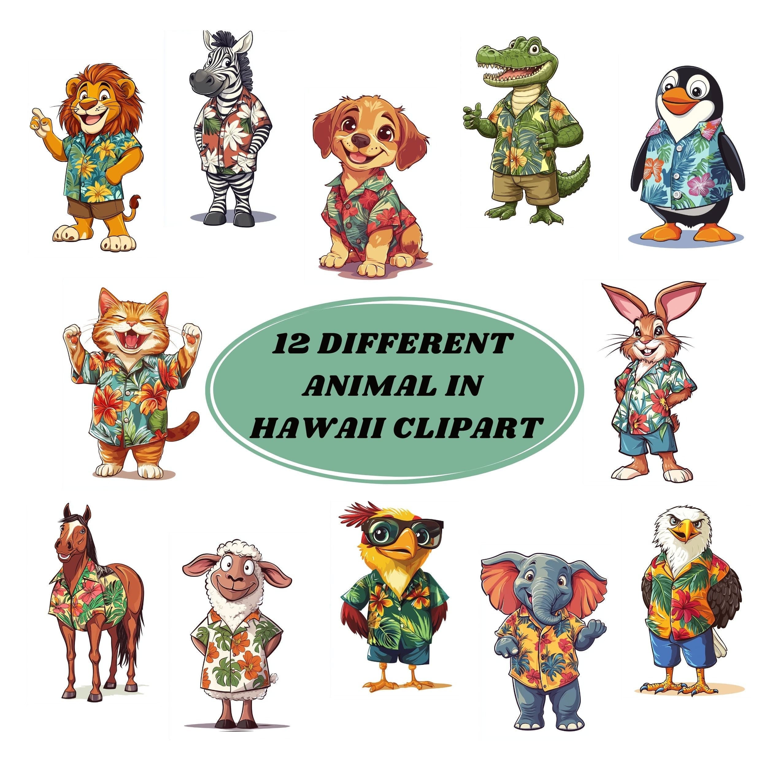 Cute Hawaii Animals Clipart, Watercolor Beach Party, Summer Animal Hawaii Shirt, Hawaii Watercolor Clipart Bundle, Hawaiian PNG, Cute Animal