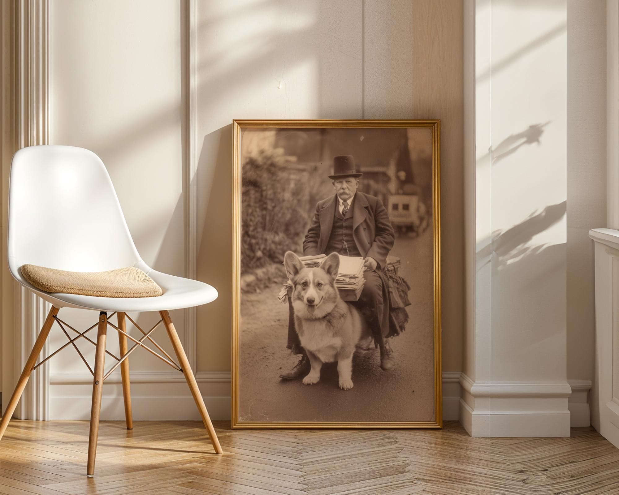 Vintage Man on Corgi Wall Art – Funny Sepia Dog Print, Funny Victorian Style Corgi Poster, Retro Animal Art, Quirky Dog Wall Print, Sepia - view 5