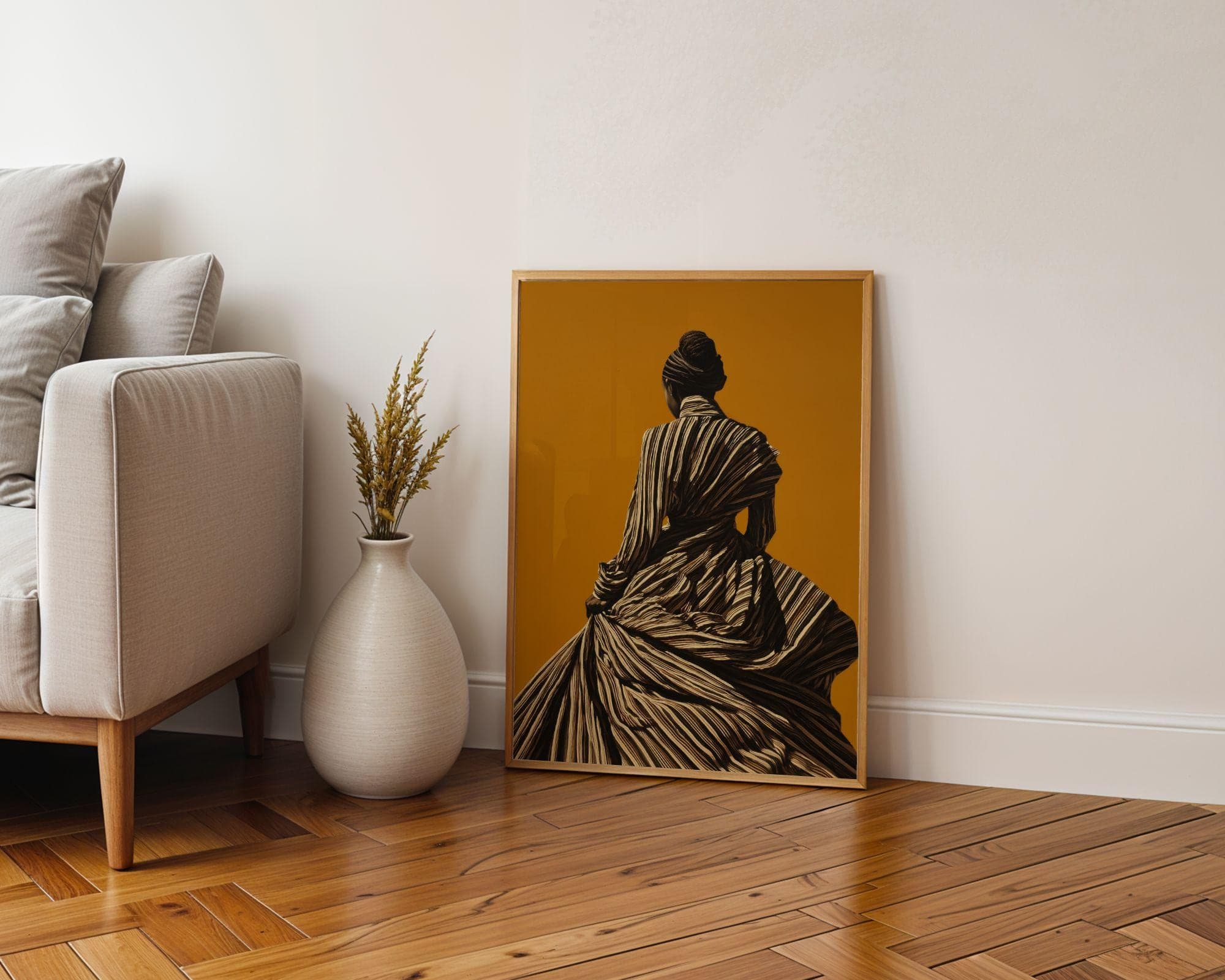 Black Woman Wall Art, Fashion Portrait Print, Modern Woman Wall Art, Black White Striped Dress Print, Mustard Yellow Background, Digital Art