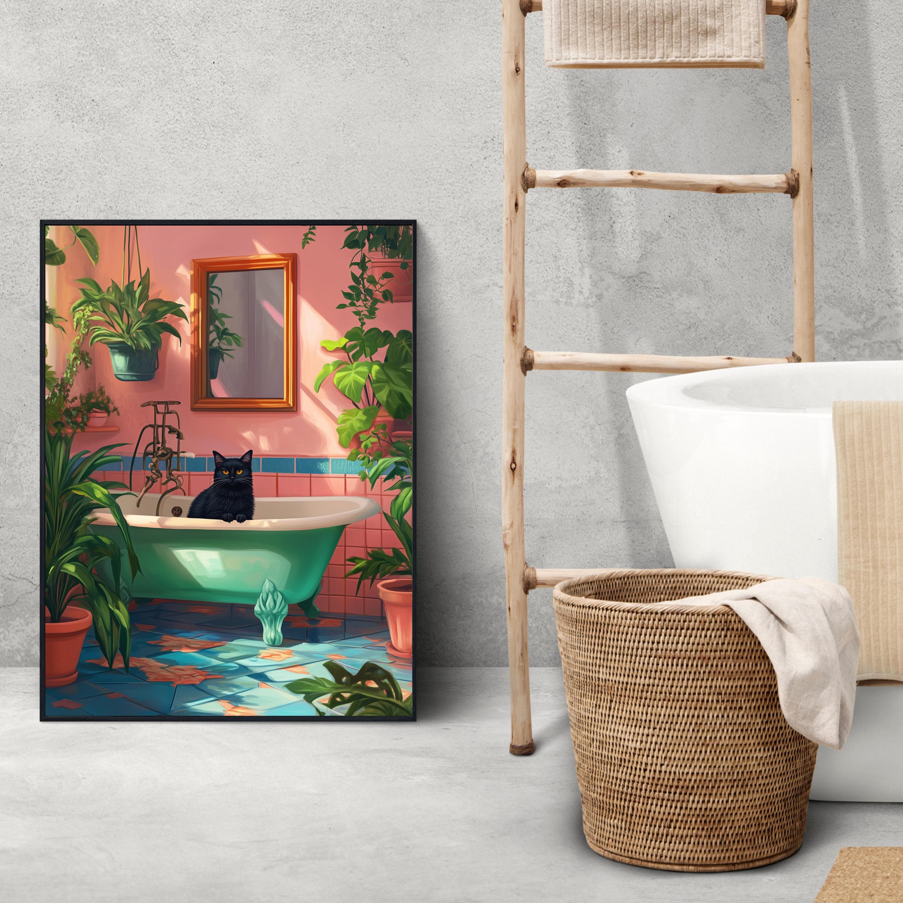 Bath Cat Print Funny, Purple Painting Poster, Animal Wall Art, Quirky Cat Decor, Bathtube Wall Art, Cat in Bathroom Art, Boho Bathroom Decor - view 2