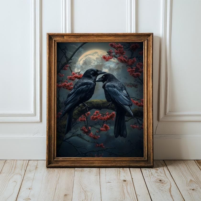 Moonlit Ravens Wall Art Print, Gothic Romance Crow Poster, Dark Academia Raven and Cherry Blossom Painting, Dark Romantic art, Gothic Art