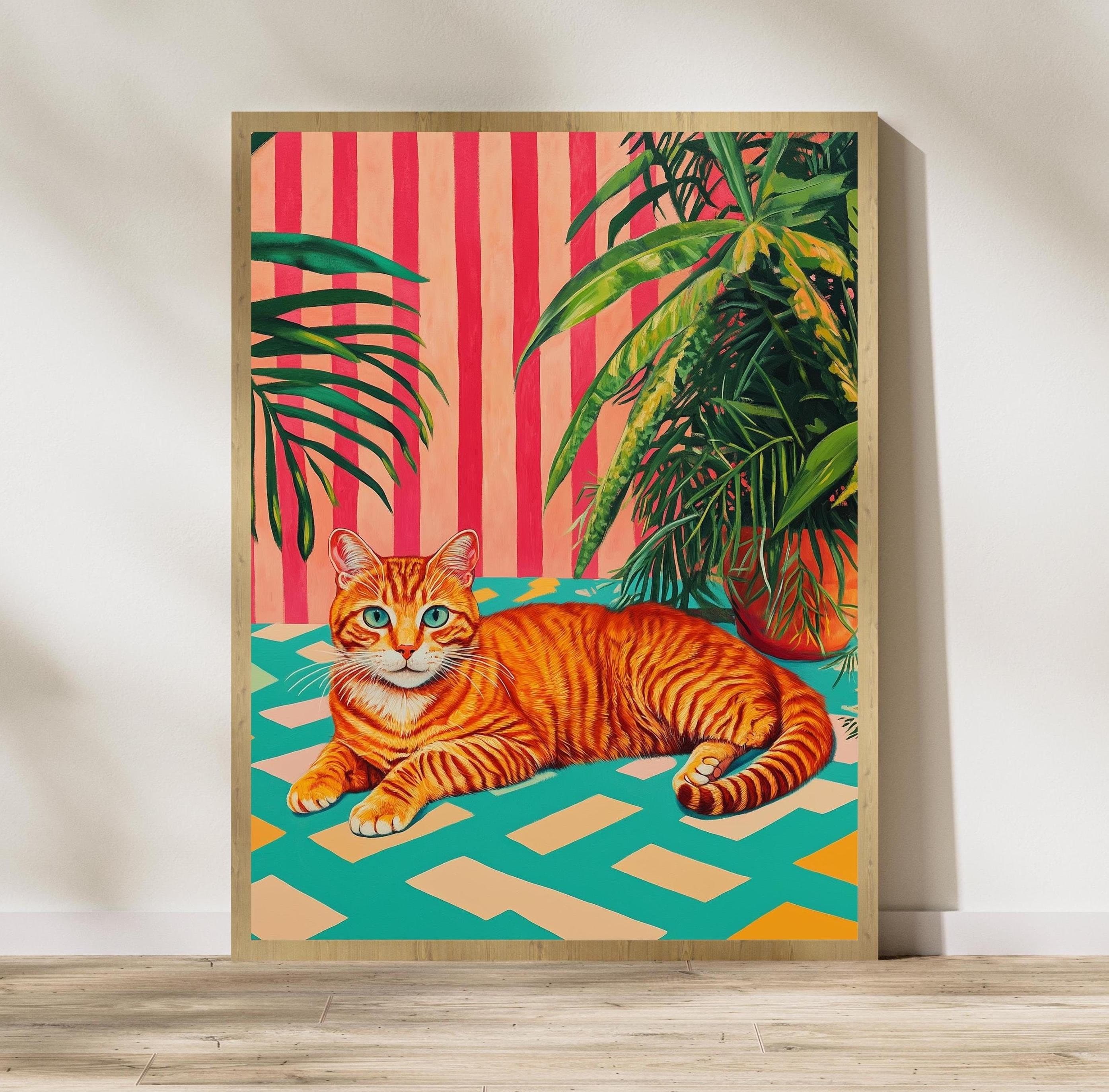 Orange Tabby Cat with Plants Poster, Modern Art Poster,Whimsical Orange Cat with Green Plants, Retro Striped Wall Art, Retro Vibes Art Print