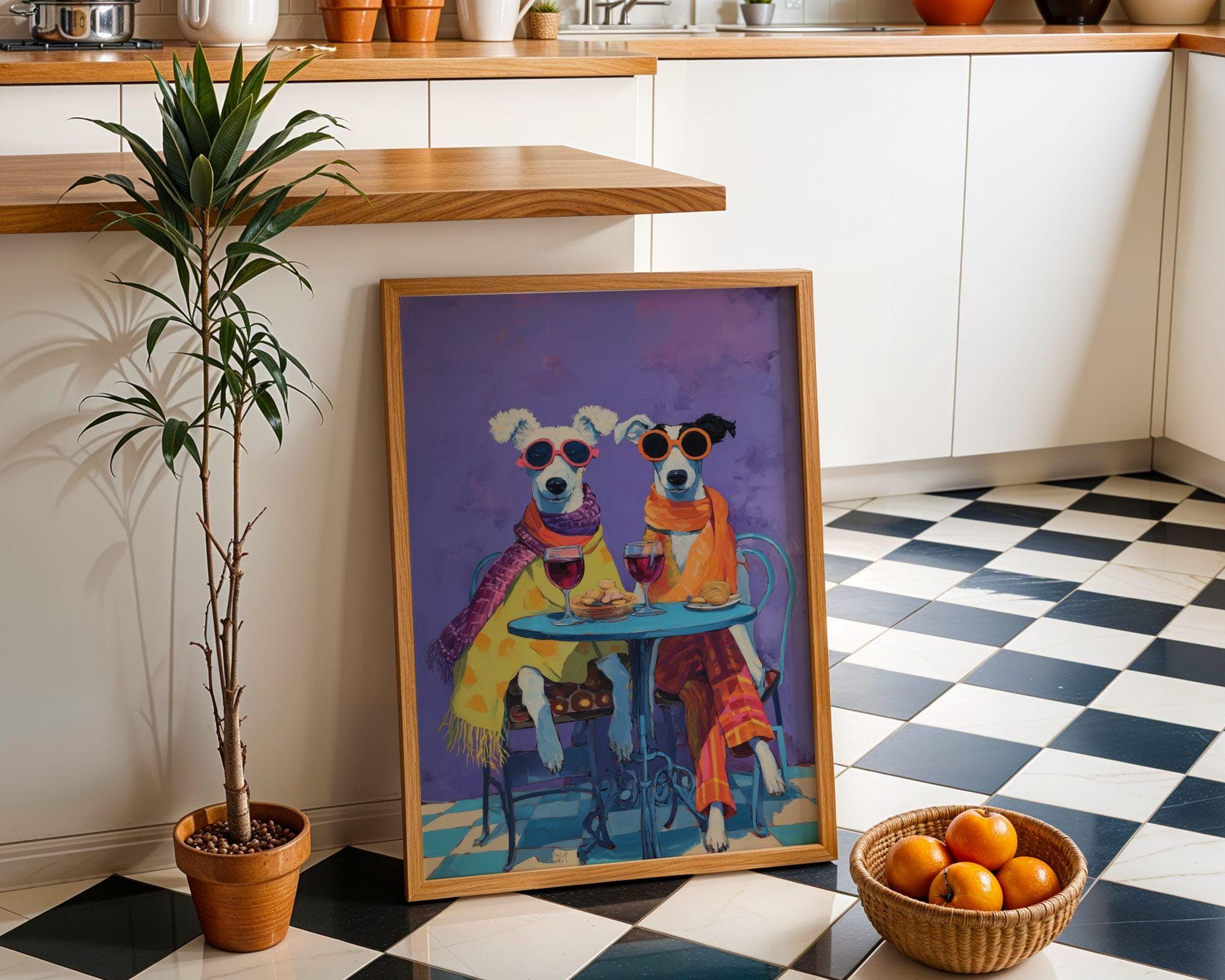 Funny Dog Couple Wine Wall Art, Quirky Dogs Kitchen Wall Art, Funny Animal Dog Painting, Whimsical Dog Couple Art, Wine Lover Gift, Dog Art - view 6