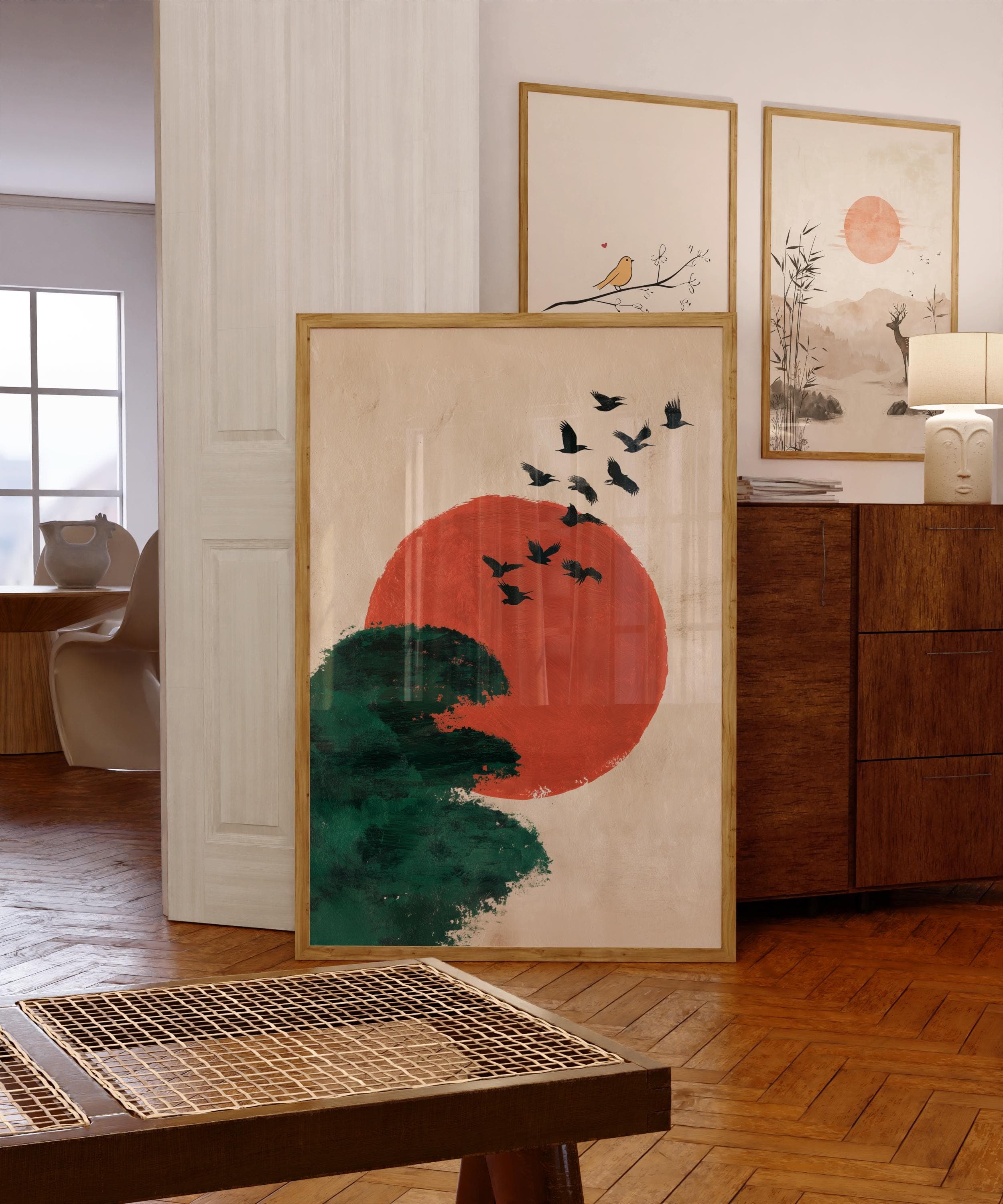 Japanese Minimalist Wall Art – Flying Birds Over Red Sun and Forest, Japanese Minimal Zen Poster, Warm Tone Minimalist Art, Japandi Decor