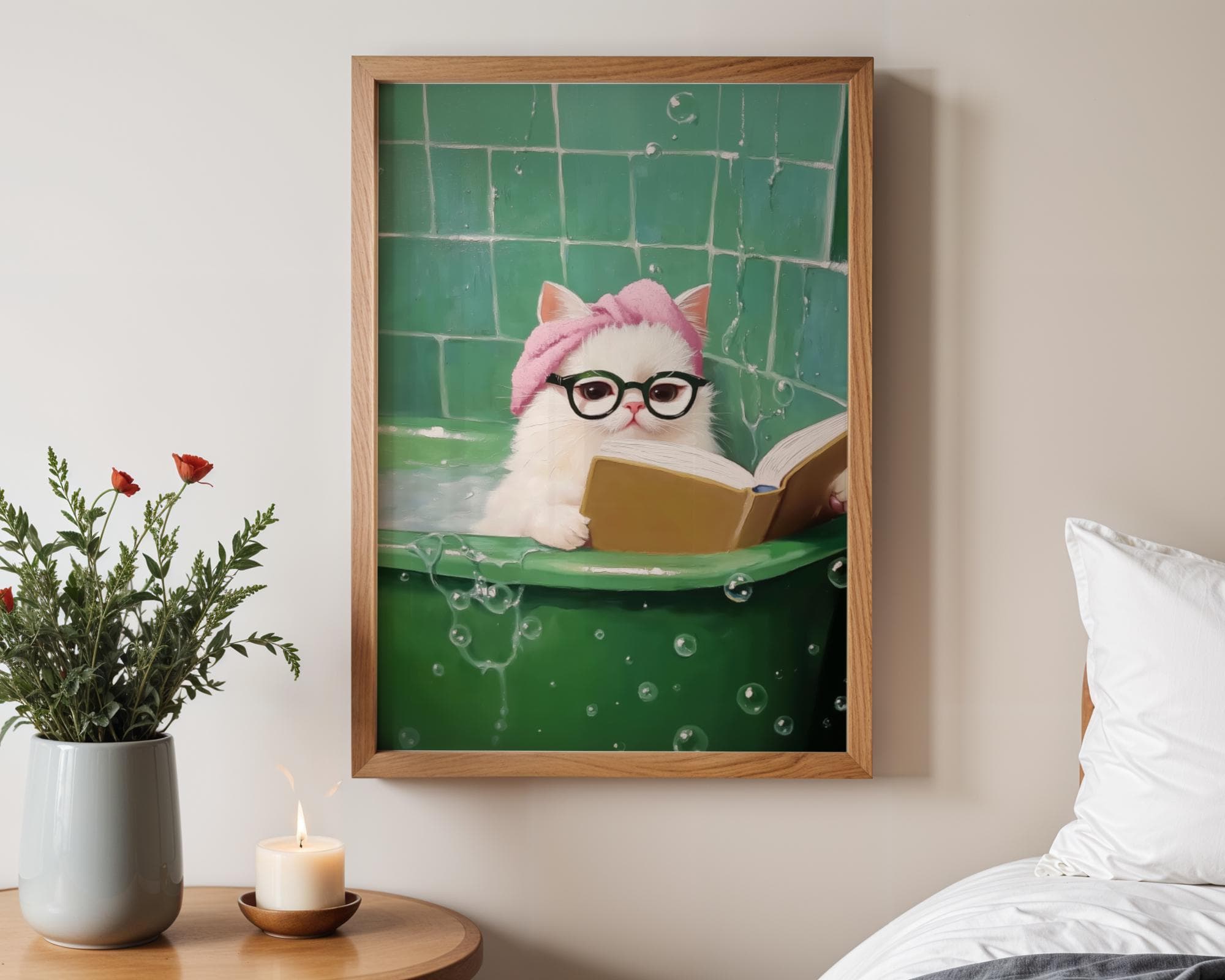Funny Cat in Bathtub, Funny Bathroom Decor, Printable, Aesthetic Animal Wall Print, Dopamine Wall Decor, Preppy Cat Decor, Charming Cat - view 6