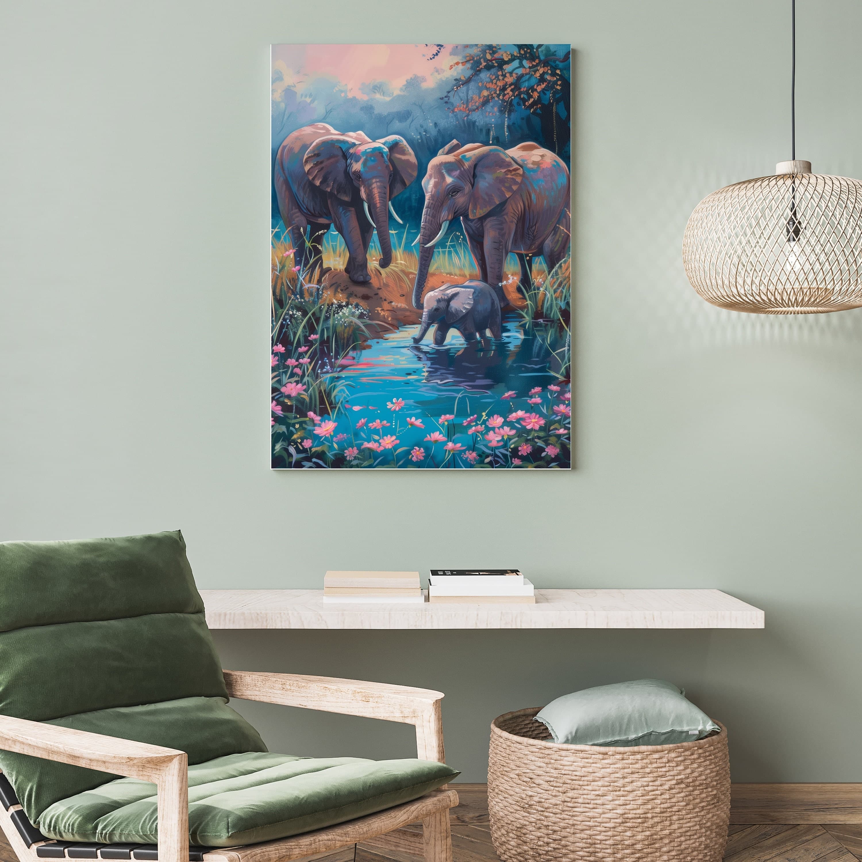 Elephant Family Poster, Oil Painting, Colorful Elephants in Nature Poster, Elephant Family in Nature Oil Painting, Elephants Oil Painting - view 7