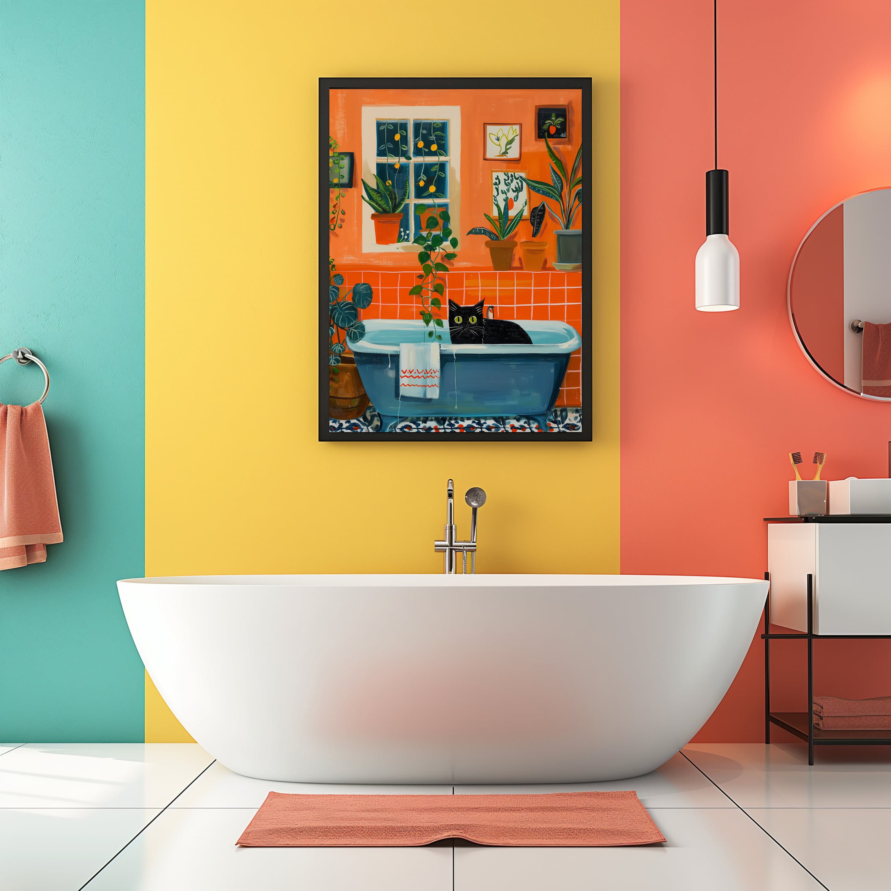 Bath Cat Print Funny, Orange Painting Poster, Animal Wall Art, Digital Wall Art, Bathtube Wall Art, Cat in Bathroom Art, Maximalist Cat Art - view 4