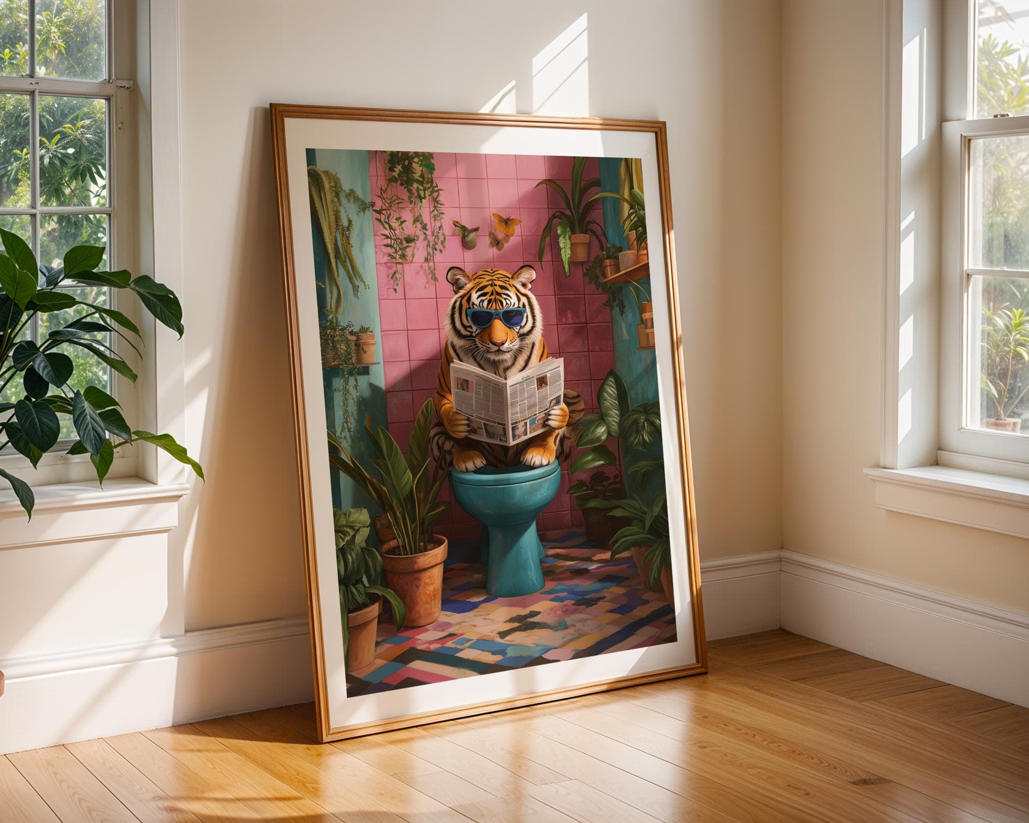 Funny Tiger Bathroom Wall Art, Cool Tiger on Toilet Art, Retro Aesthetic Wall Art, Funny Tiger Toilet Print, Eclectic Jungle Bathroom Art - view 2