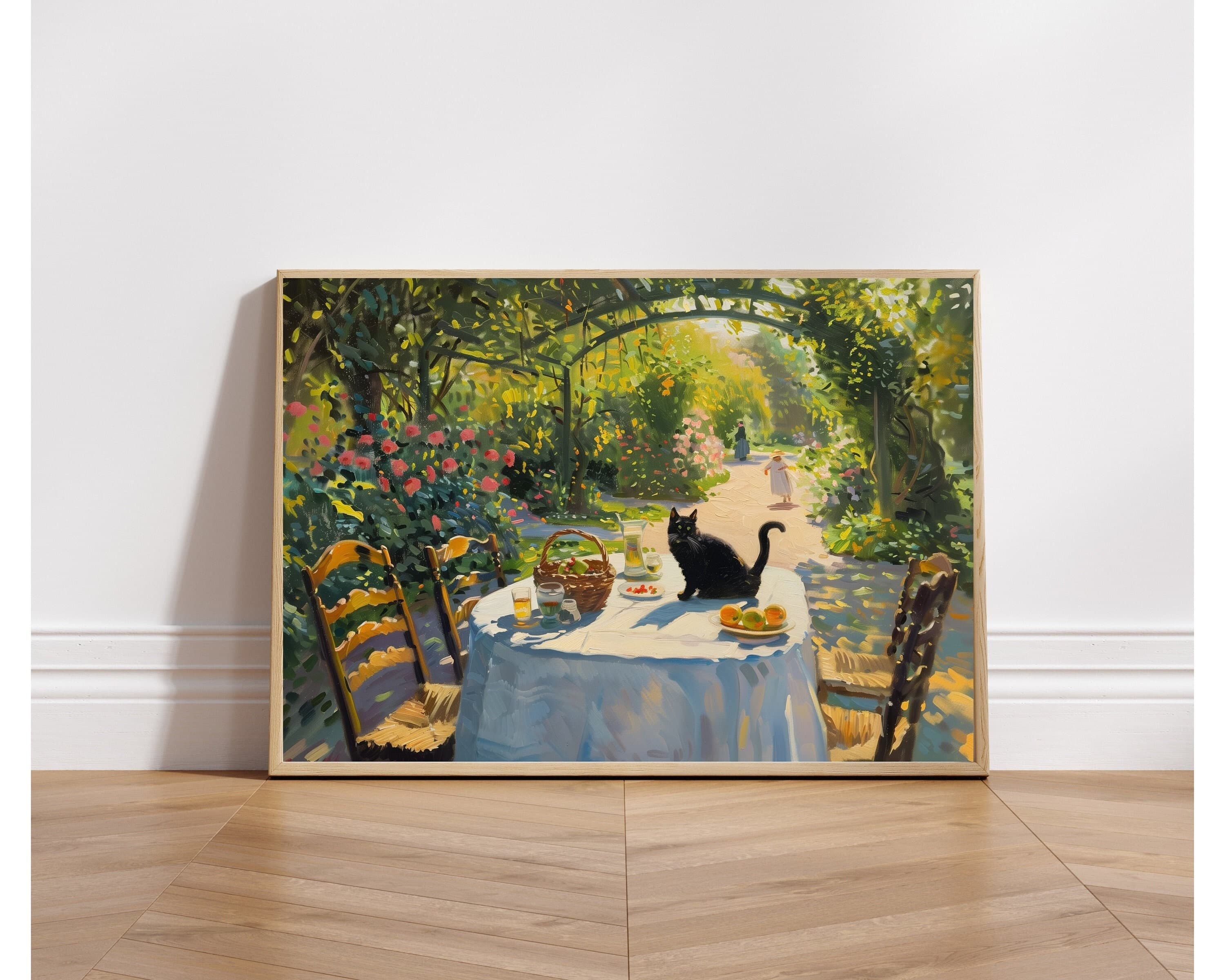 Cat Garden Landscape Art Print, Oil Painting, Monet Black Cat Art, Fresh Fruits Wall Art, Nature Lovers Decor, Monet Painting, Cat Mom Gift