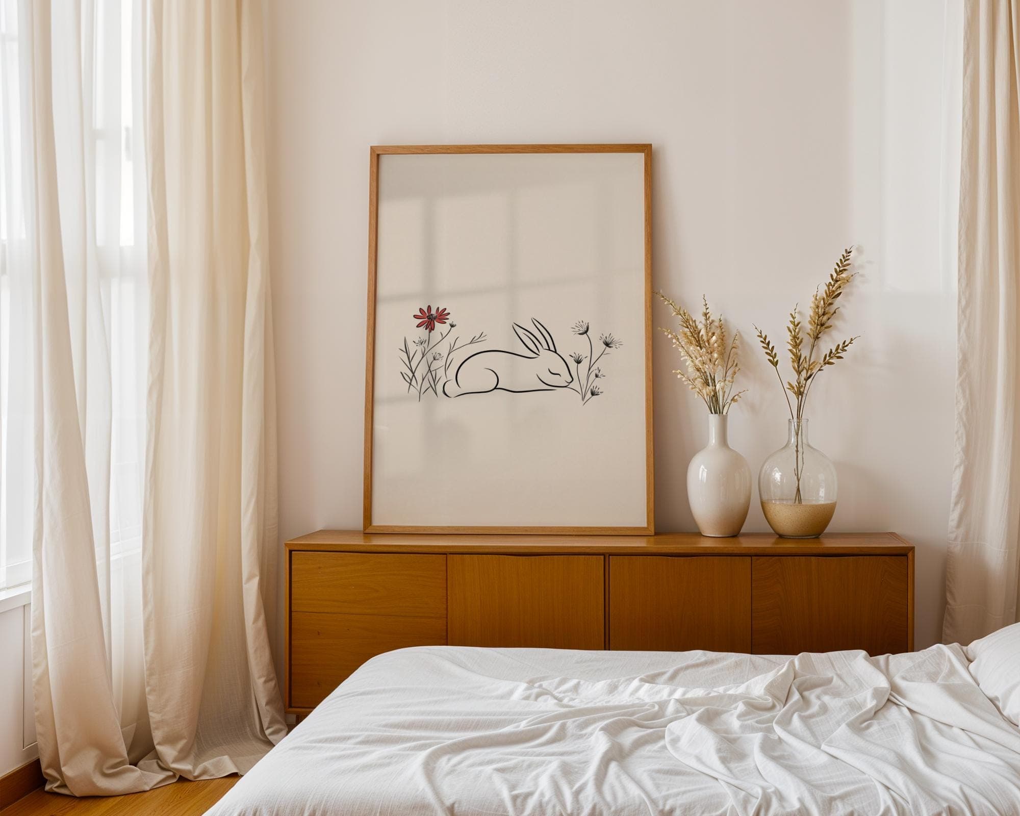 Minimalist Rabbit Wall Art, Scandinavian Animal Print, Minimalist Baby Room Art, Botanical Line Art Rabbit, Beige Botanical Wall Art - view 6