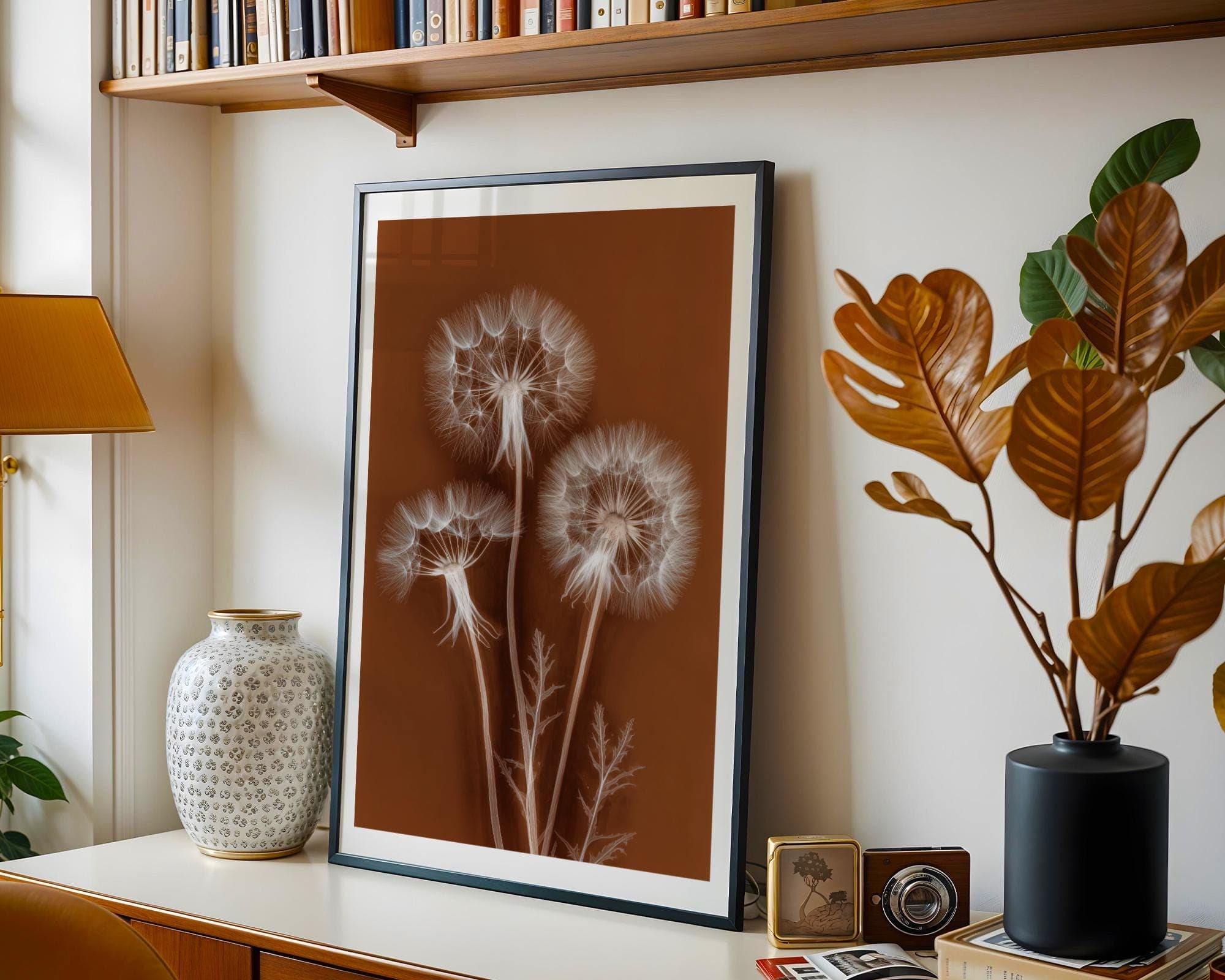 X Ray Dandelion Wall Art Botanical Radiograph Poster in Sepia Brown Modern Minimal Decor, Botanical Print on Rust Background, Nature Print - view 2