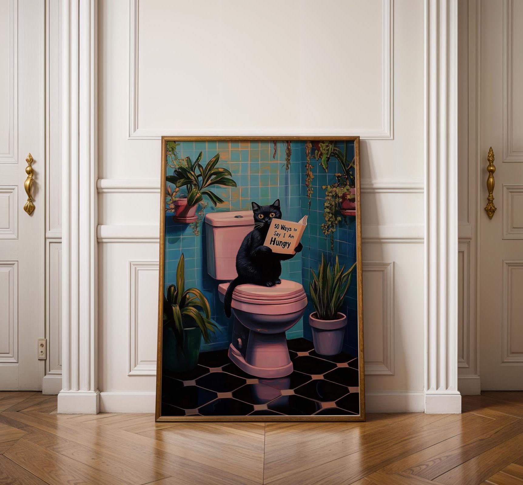 Black Cat on Toilet Print Funny Poster Wall Decor Pooping Print Pink Toilet Wall Art, 50 ways to say i am hungy poster, Quirky Cat Poster