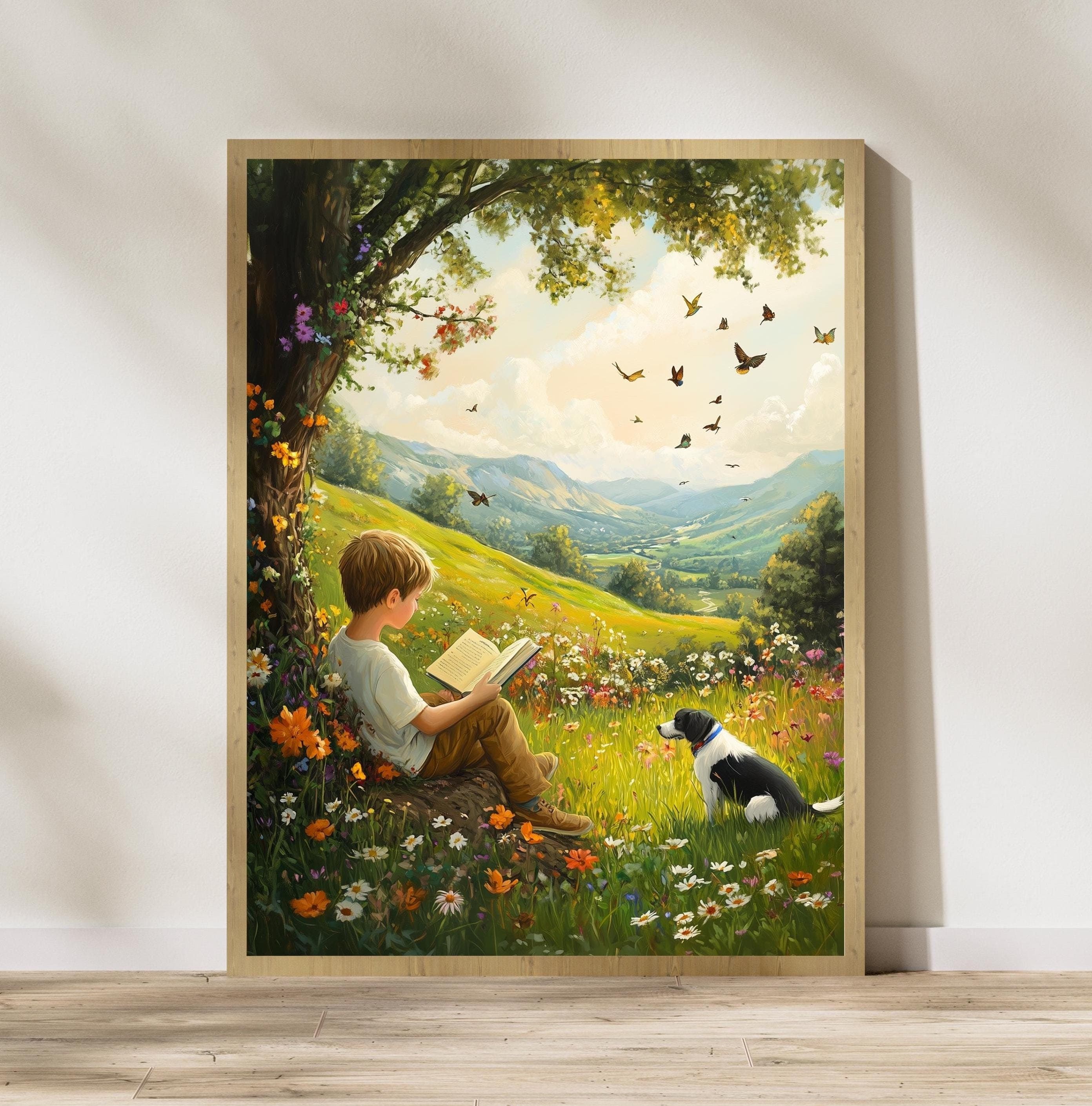 Fairytale Nature Art, Colorful Nature Landscape Art, Child and Dog Under Tree in Flower Meadow, Fantasy Landscape Art Print Digital Download