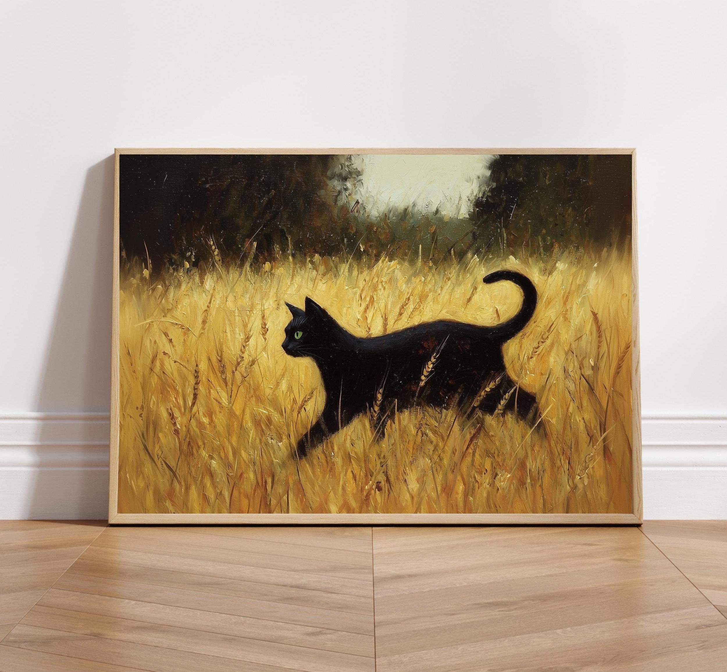 Black Cat Oil Painting Wall Art in Wheat Field, Yellow Gold Landscape, Green Eyes Cat Decor, Vintage Black Cat Wall Art, Vintage Black Cat