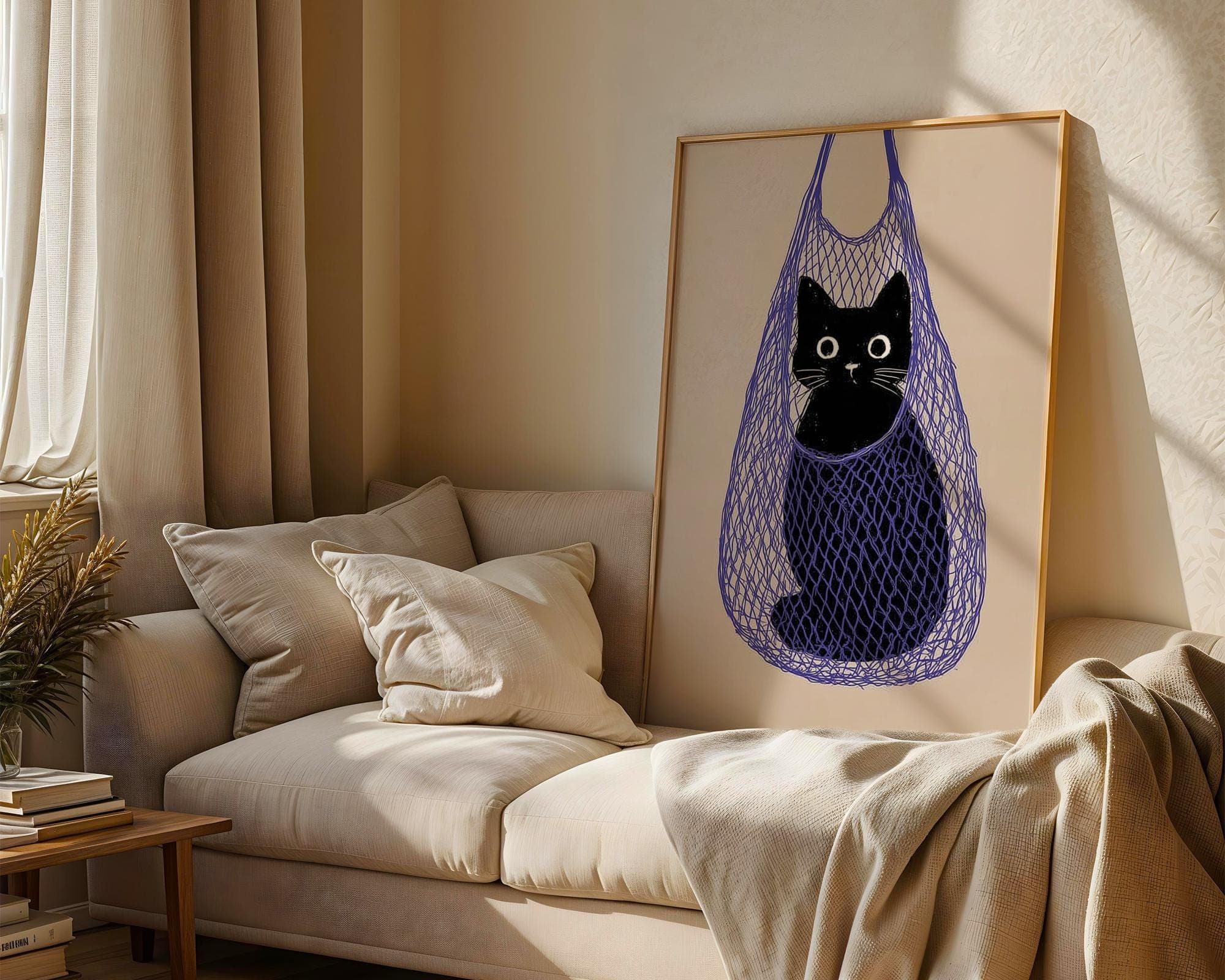 Funny Cat Wall Print, Quirky Cat Lover Gift, Whimsical Black Cat Wall Art, Black Cat in Bag Minimal Wall Art, Animal Art, Quirky Cat Decor - view 3