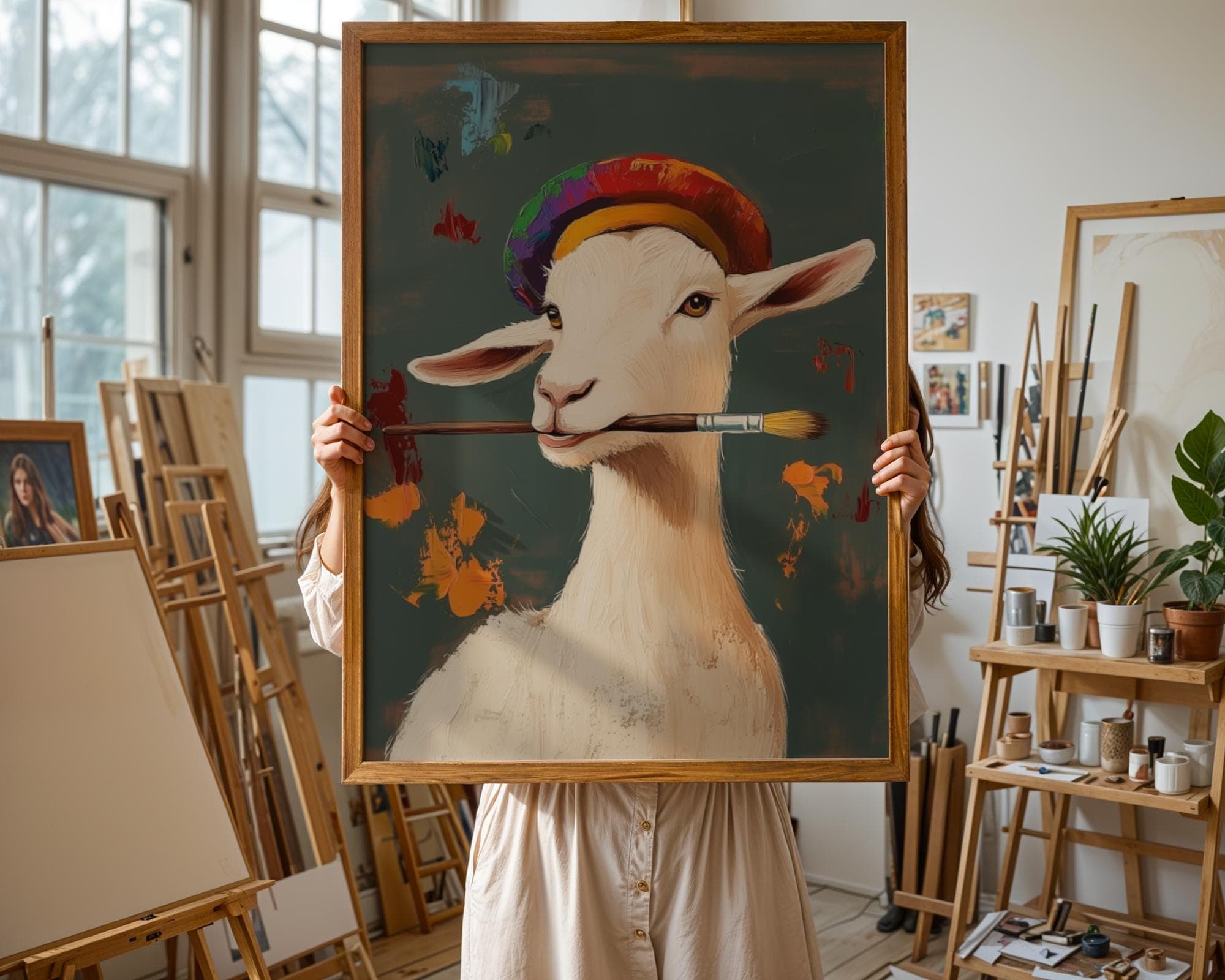Funny Goat Wall Art, Funny Printable Art for Studio, Painter Goat Decor, Digital Farm Animal Print, Dark Background Farm Decor, Goat Art - view 2