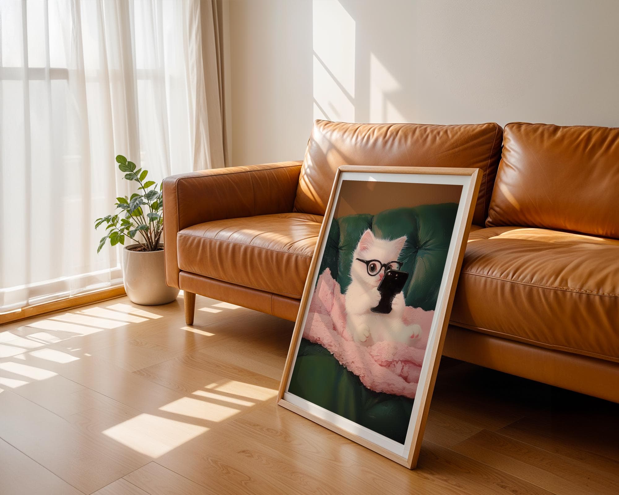 Cute Animal Wall Print, Funny Whimsical Home Decor, Adorable Cat with Smartphone, Digital Download, Funny White Cat Wall Art, Cute Cat Decor - view 6