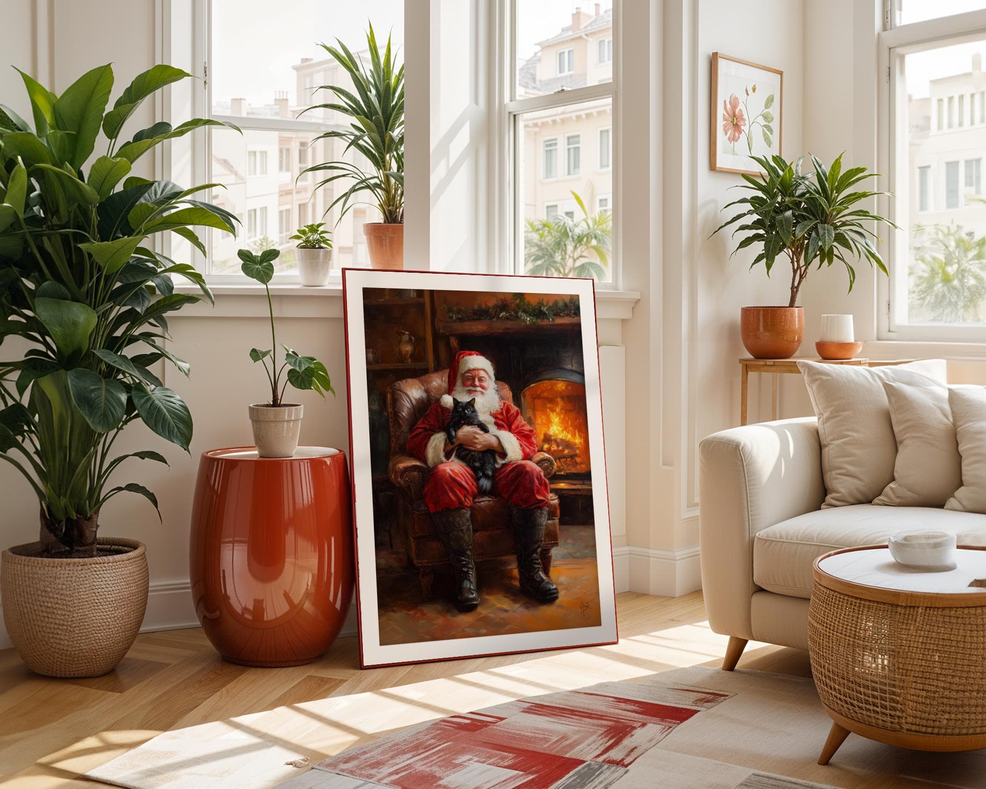 Santa Claus with Black Cat - Cozy Christmas Wall Art Print, Rustic Christmas Art, Warm Christmas Wall Art, Christmas Wall Decor, Digital Art - view 5