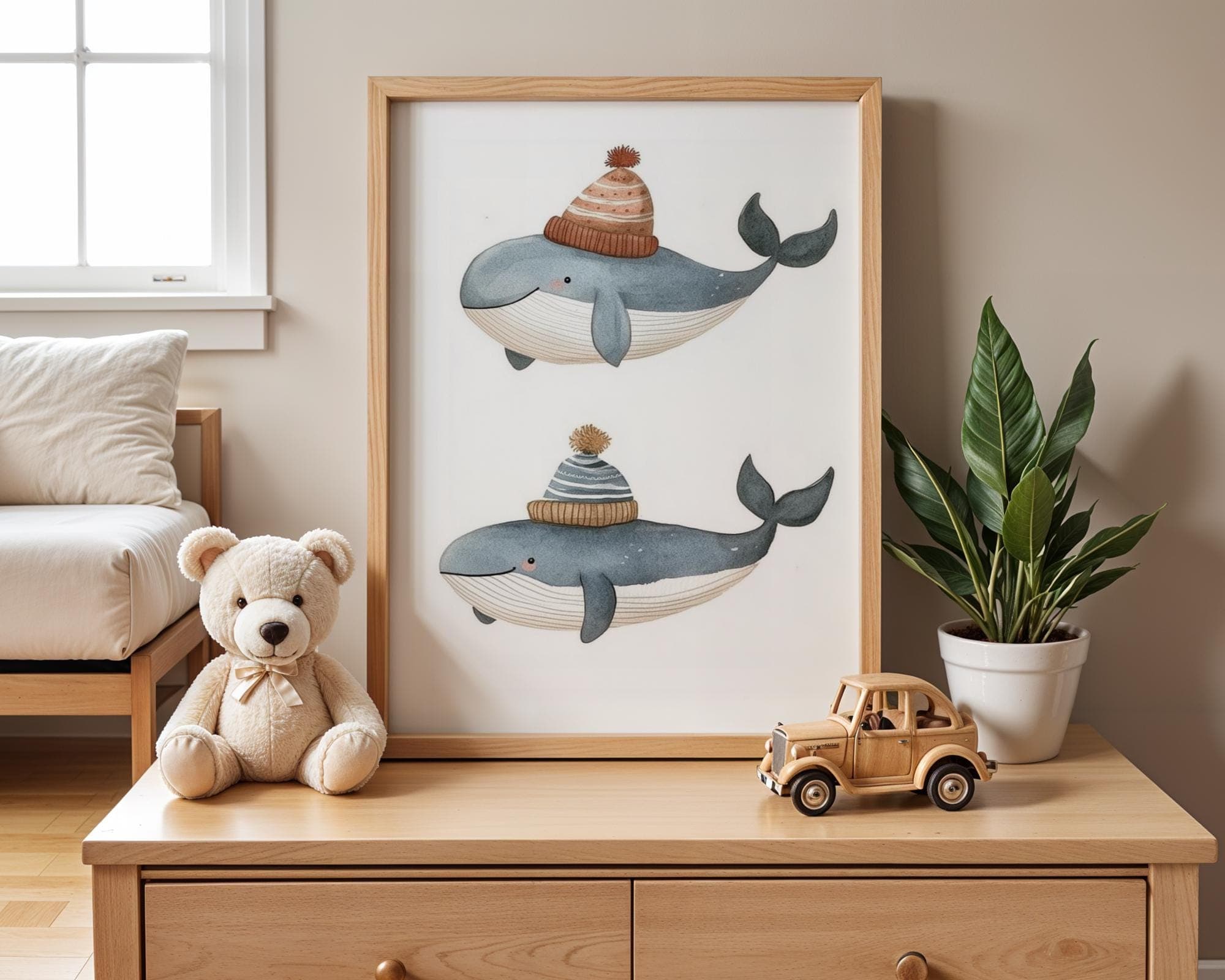 Watercolor Whale Wall Art - Nursery Room Decor for Kids, Cute Whale Print with Hats, Ocean Animal Kids Wall Art, Adorable Nursery Decor - view 4