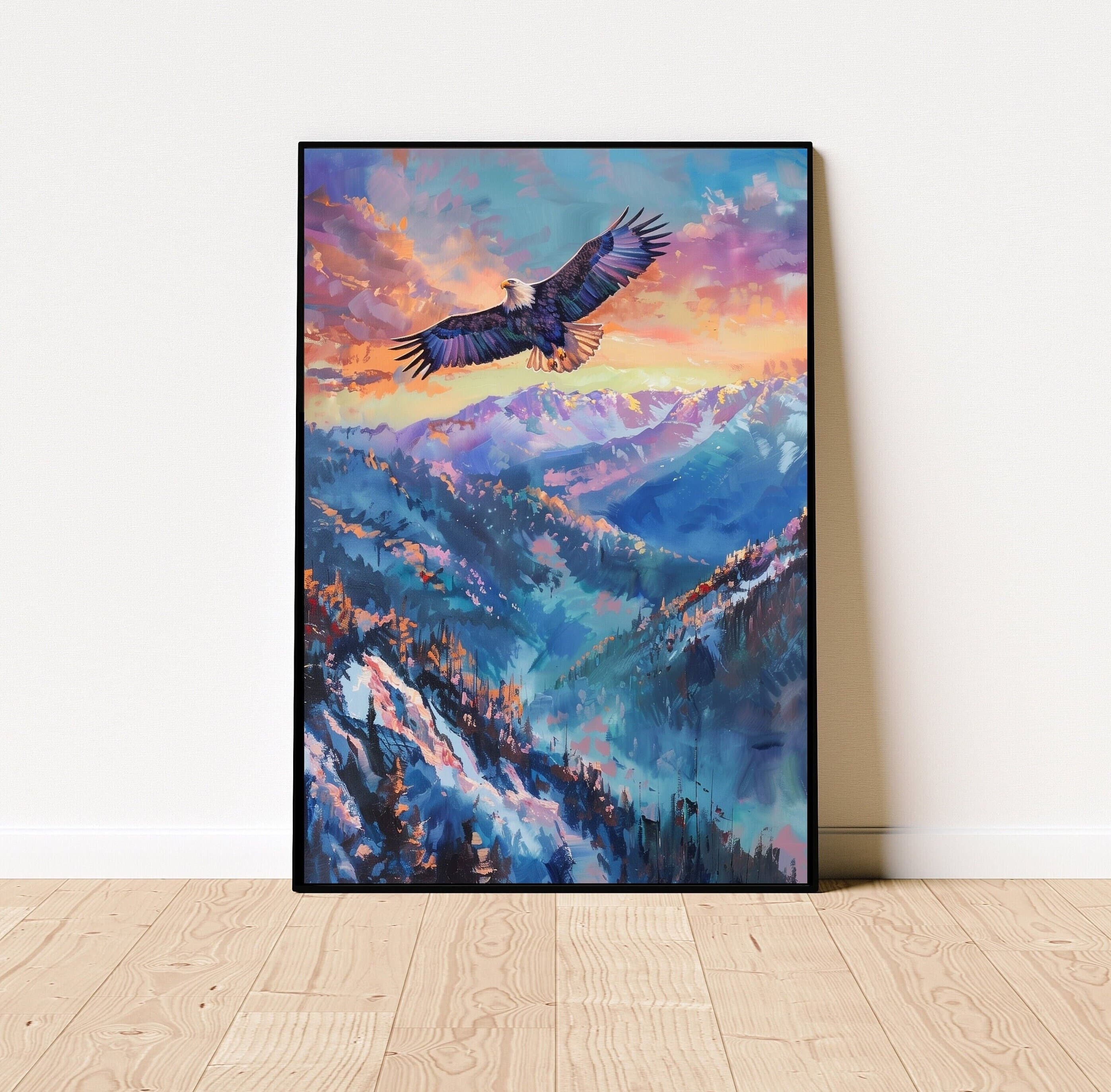 Eagle Flying Mountain Poster, Oil Painting, Eagle Landscape Poster, Wildlife Wall Art, Eagle Soaring, Colorful Mountain Landscape Poster