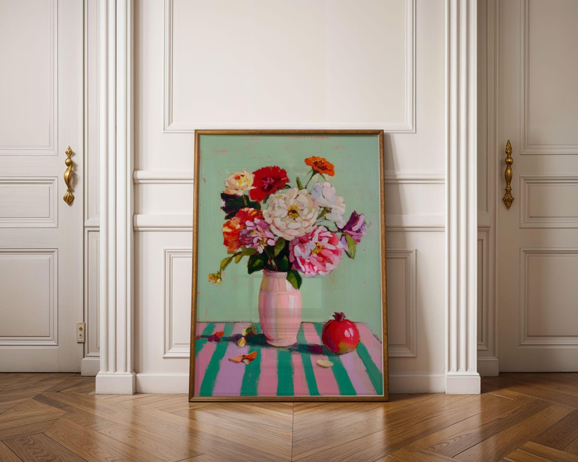 Colorful Floral Still Life Print – Pink Vase Bouquet, Mint Green Art for Kitchen, Colorful Floral Still Life Oil Painting Print, Flower Art - view 4