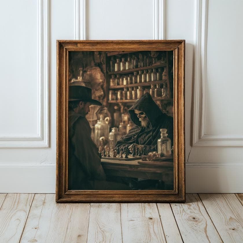 Gothic Cowboy and Skeleton Chess Duel Print, Moody Dark Academia Western Wall Art, Western Apothecary Dark Aesthetic, Sepia Surreal Print