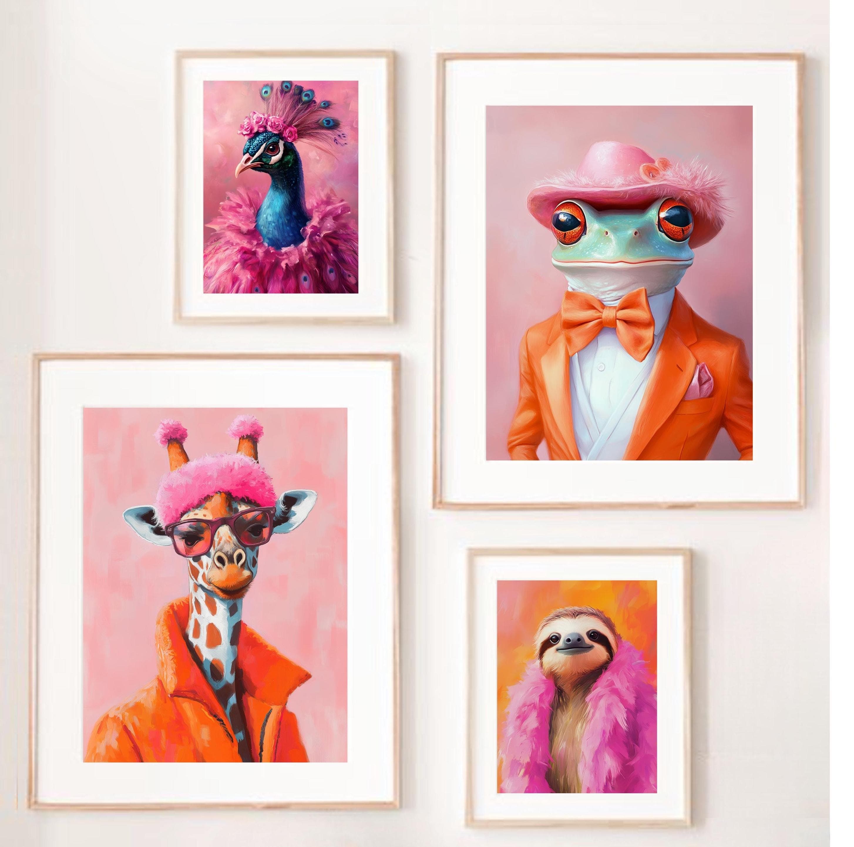 Colorful Animal Fashion Art Prints Maximalist Wall Art Funky Animal Fashion Portraits Cute Hipster Print Quirky Wall Art Preppy Print