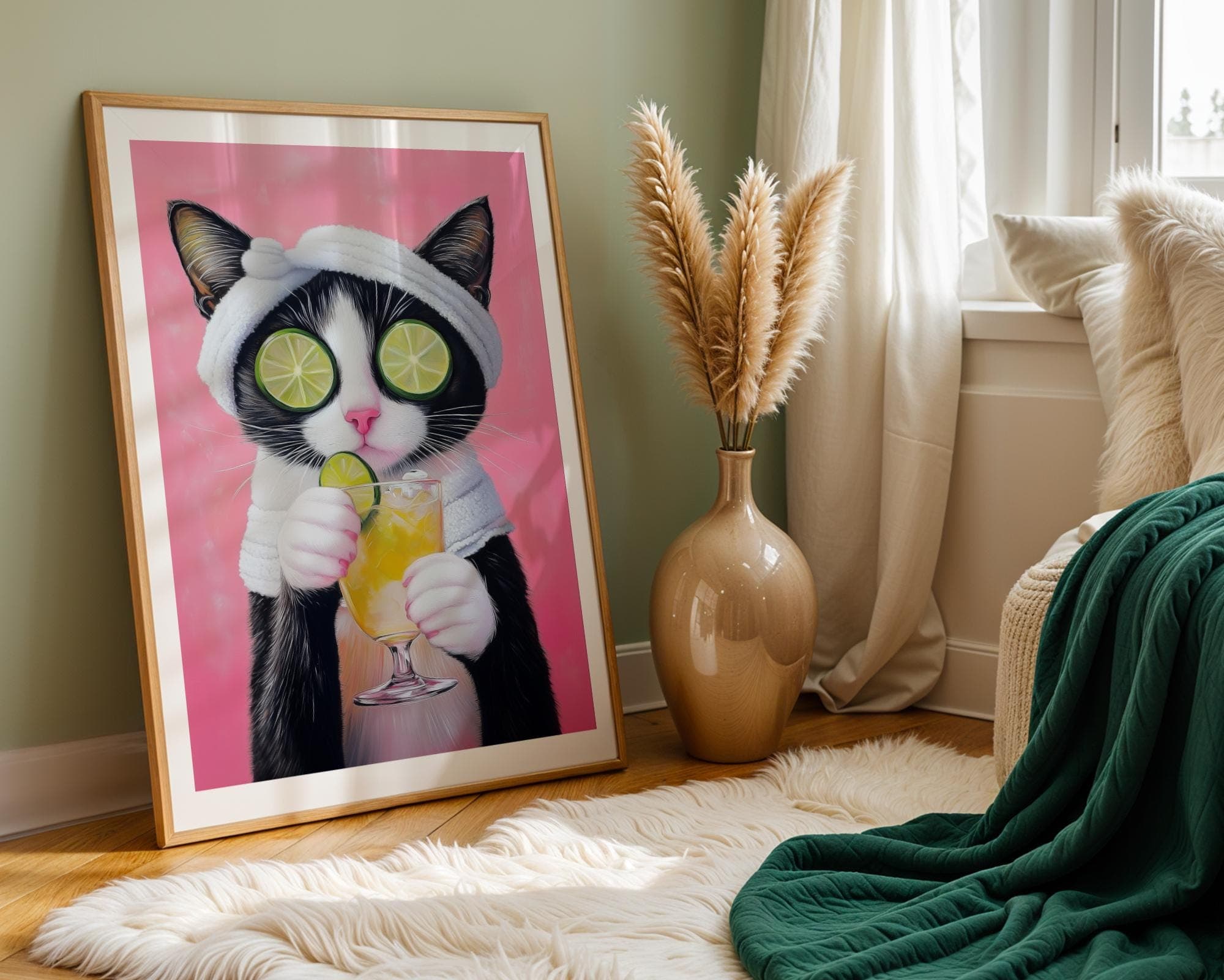 Quirky Cat Art, Lime and Pink Cat Art, Chic Black Cat Art, Spa Cat Wall Art, Relaxing Cat Portrait, Dopamine Wall Decor, Maximalist Cat Art - view 7