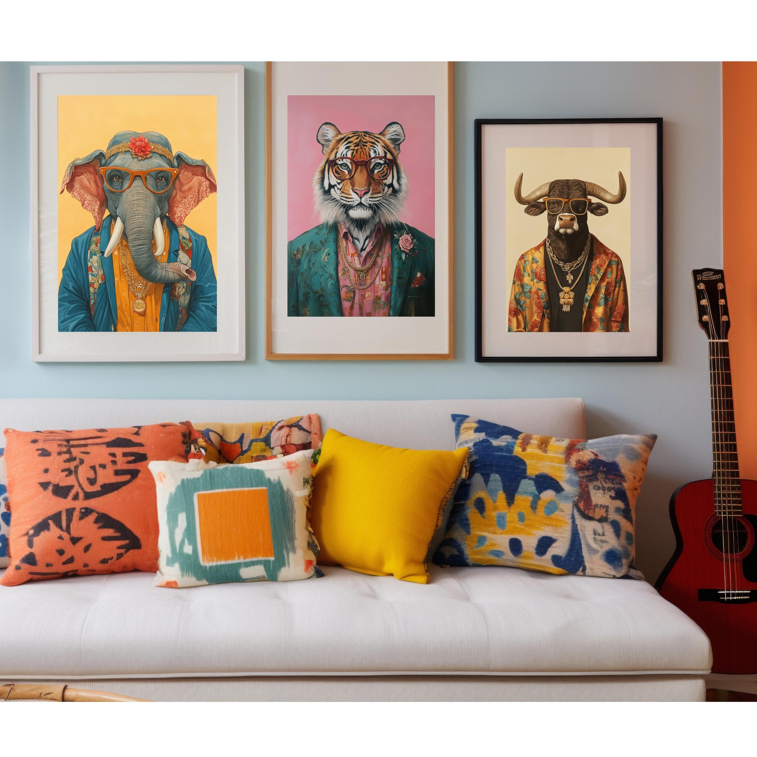 Funky Fashion Animal Print Set, Dopamine Aesthetic, Maximalist Decor, Pink Yellow Lion Tiger Painting, Preppy Print, Art Digital Download - view 7