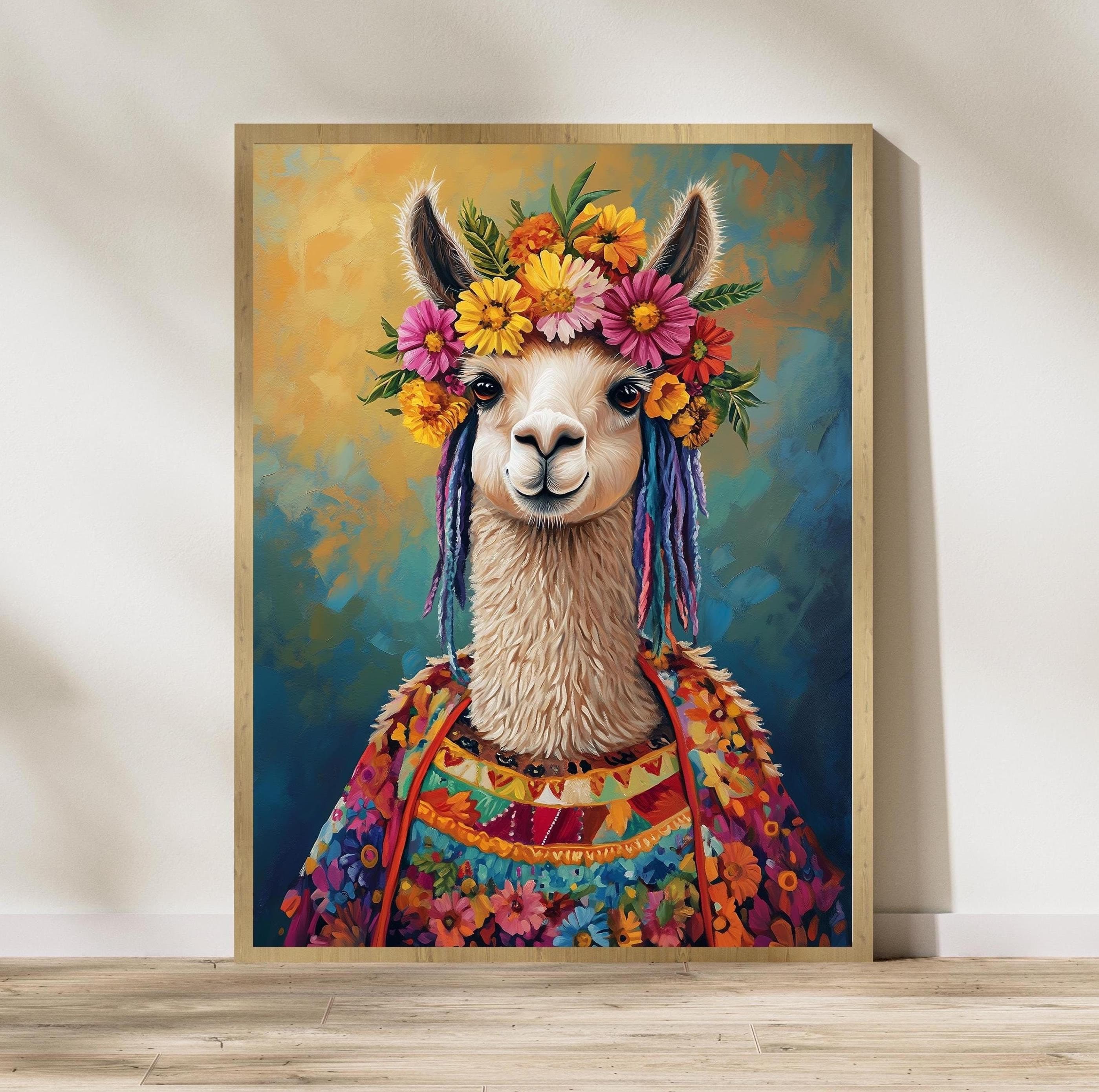 Eclectic Llama Art Print, Boho Wall Art, Colorful Llama Wall Art – Bohemian Animal Painting with Flowers, Whimsical Llama Art, Llama Poster