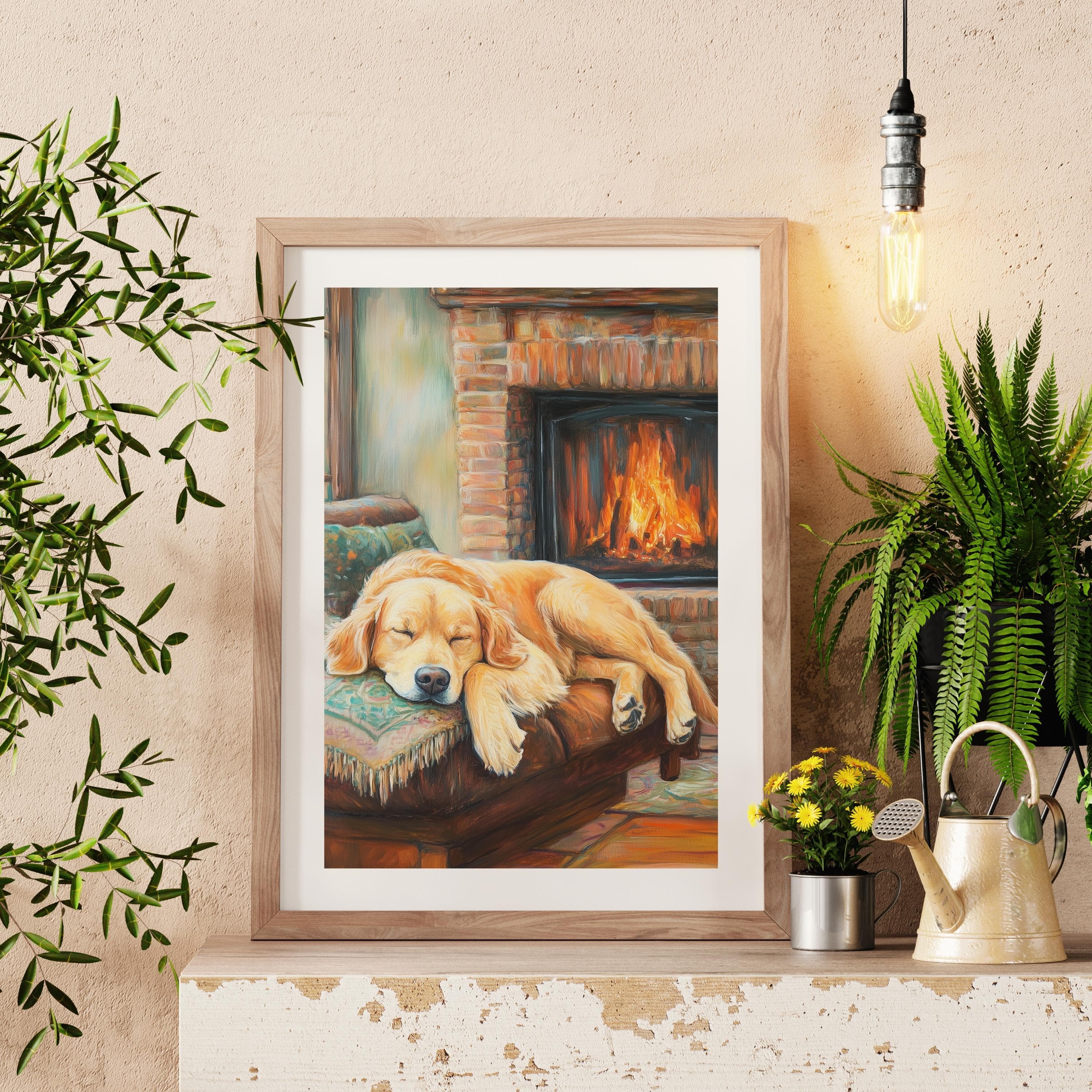 Cozy Golden Retriever by the Fireplace | Warm Pastel Painting for Home Decor, Colorful Dog Print, Warm Wall Decor, Digital Dog Poster - view 4